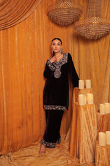 Hand embroidered velvet kurta set