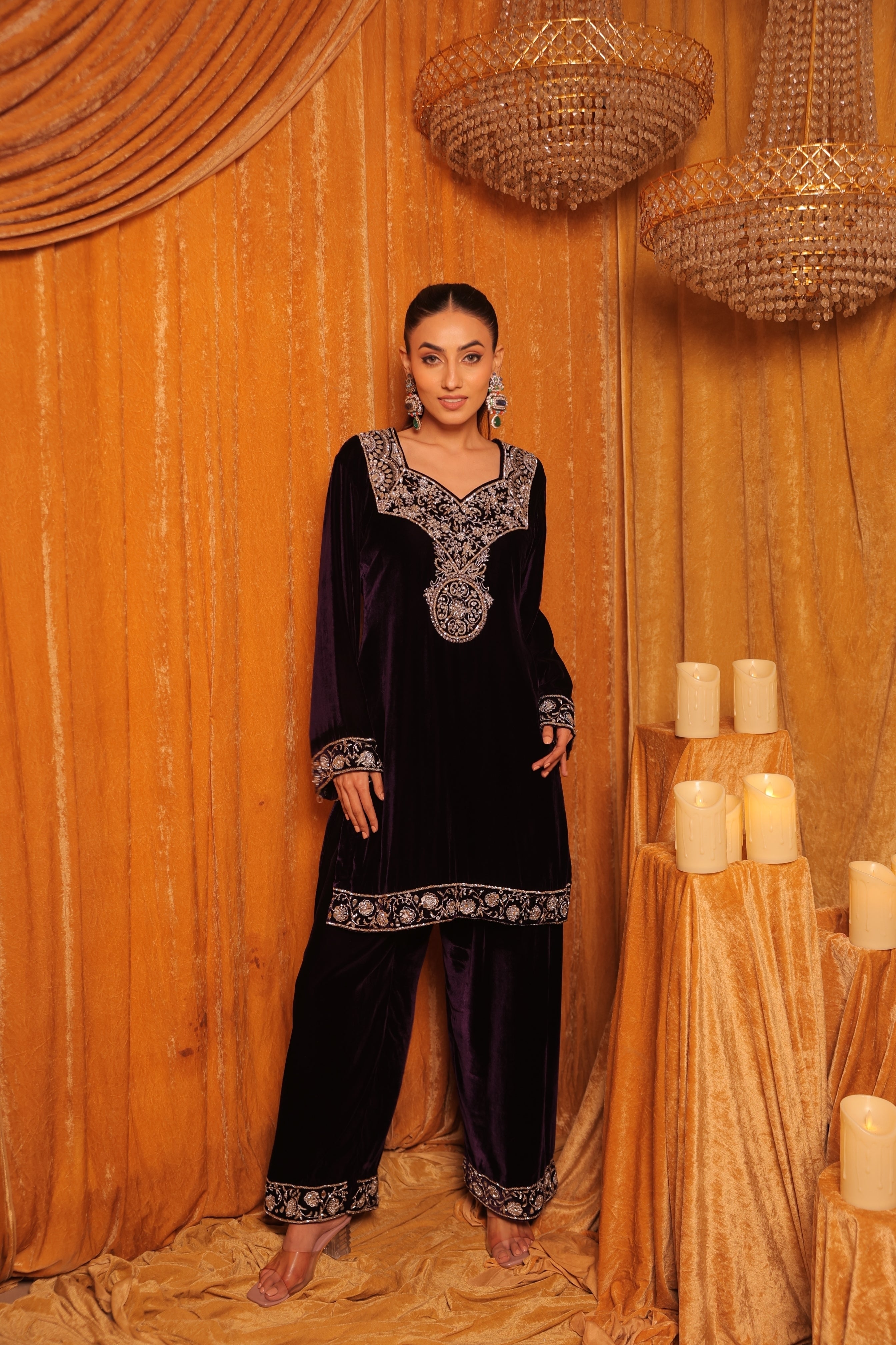 Hand embroidered velvet kurta set