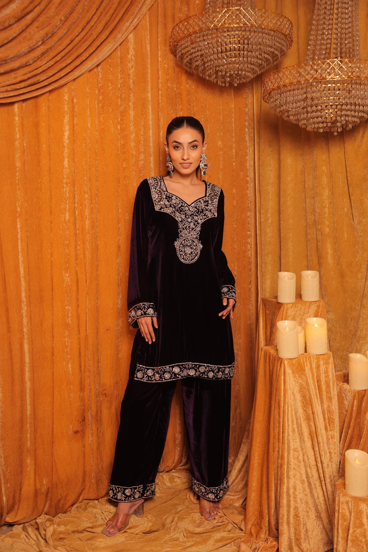 Hand embroidered velvet kurta set