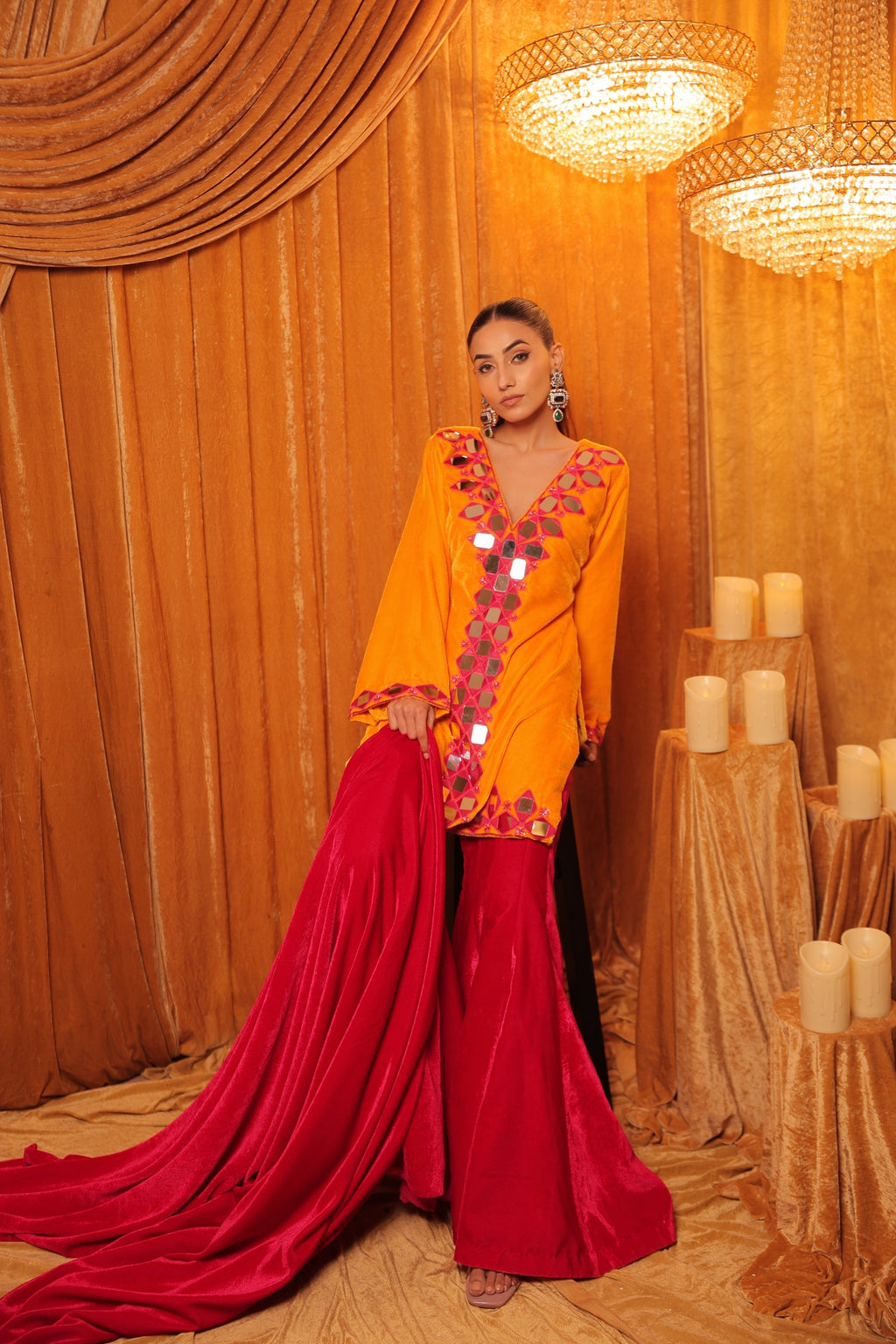 Hand Embroidered Velvet Short Kurta Set