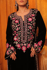 Hand embroidered velvet short kurta set