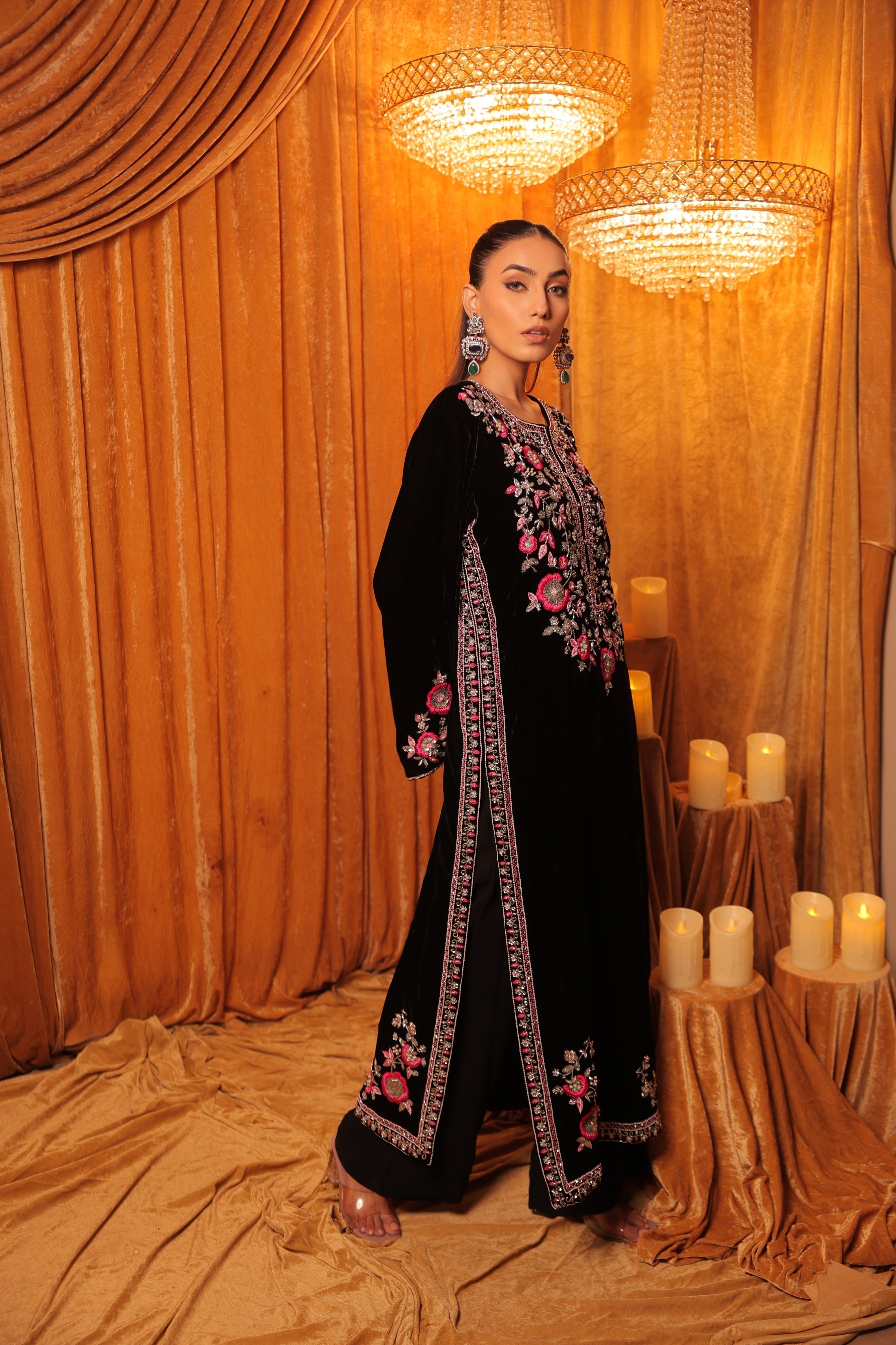 Hand embroidered velvet short kurta set