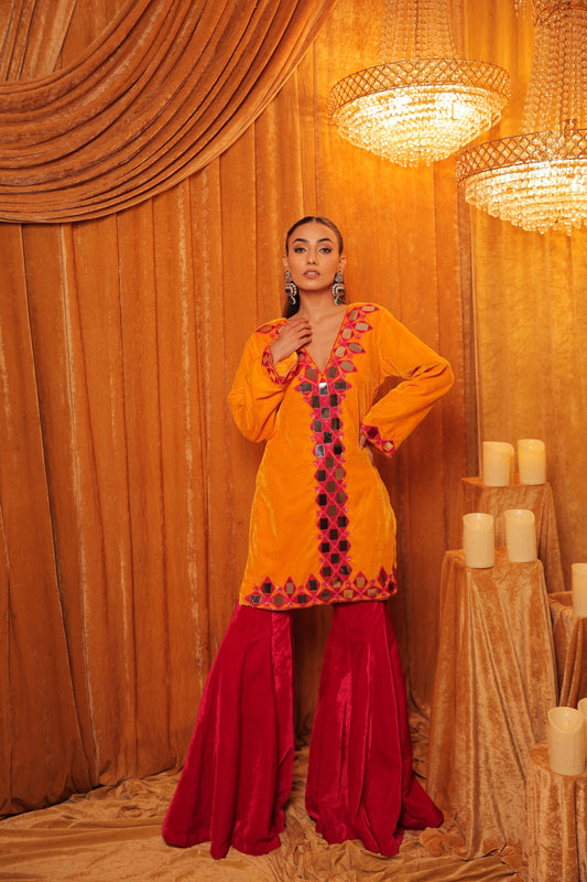 Velvet mirror work sharara set