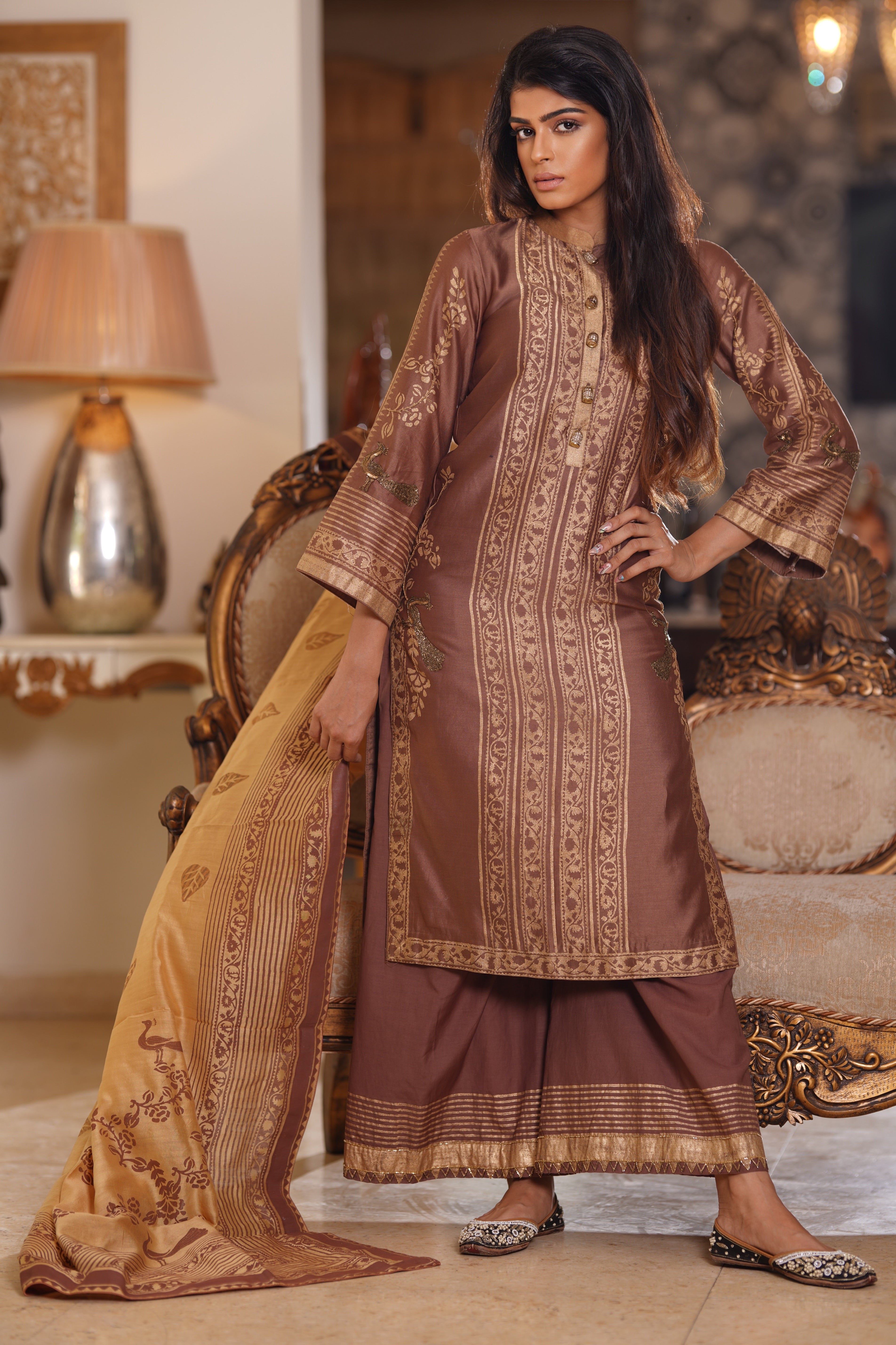 Brown and Gold Block Print with Hand Embroidery Kurta Set