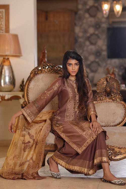 Brown and Gold Block Print with Hand Embroidery Kurta Set