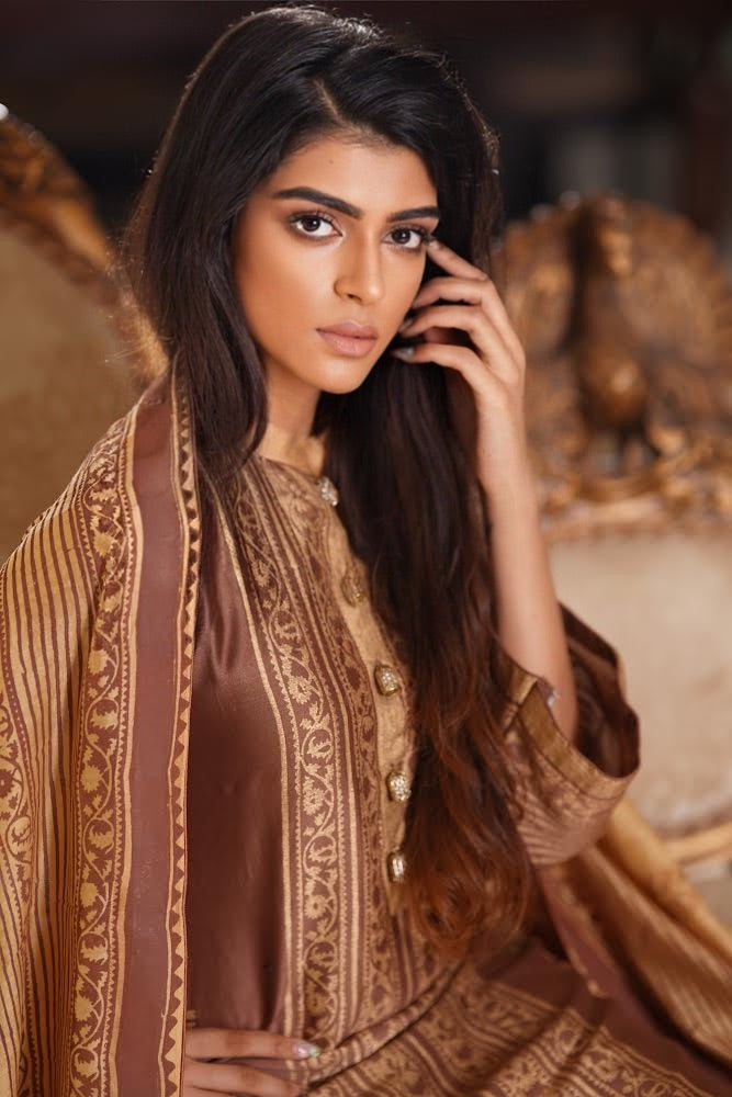 Brown and Gold Block Print with Hand Embroidery Kurta Set