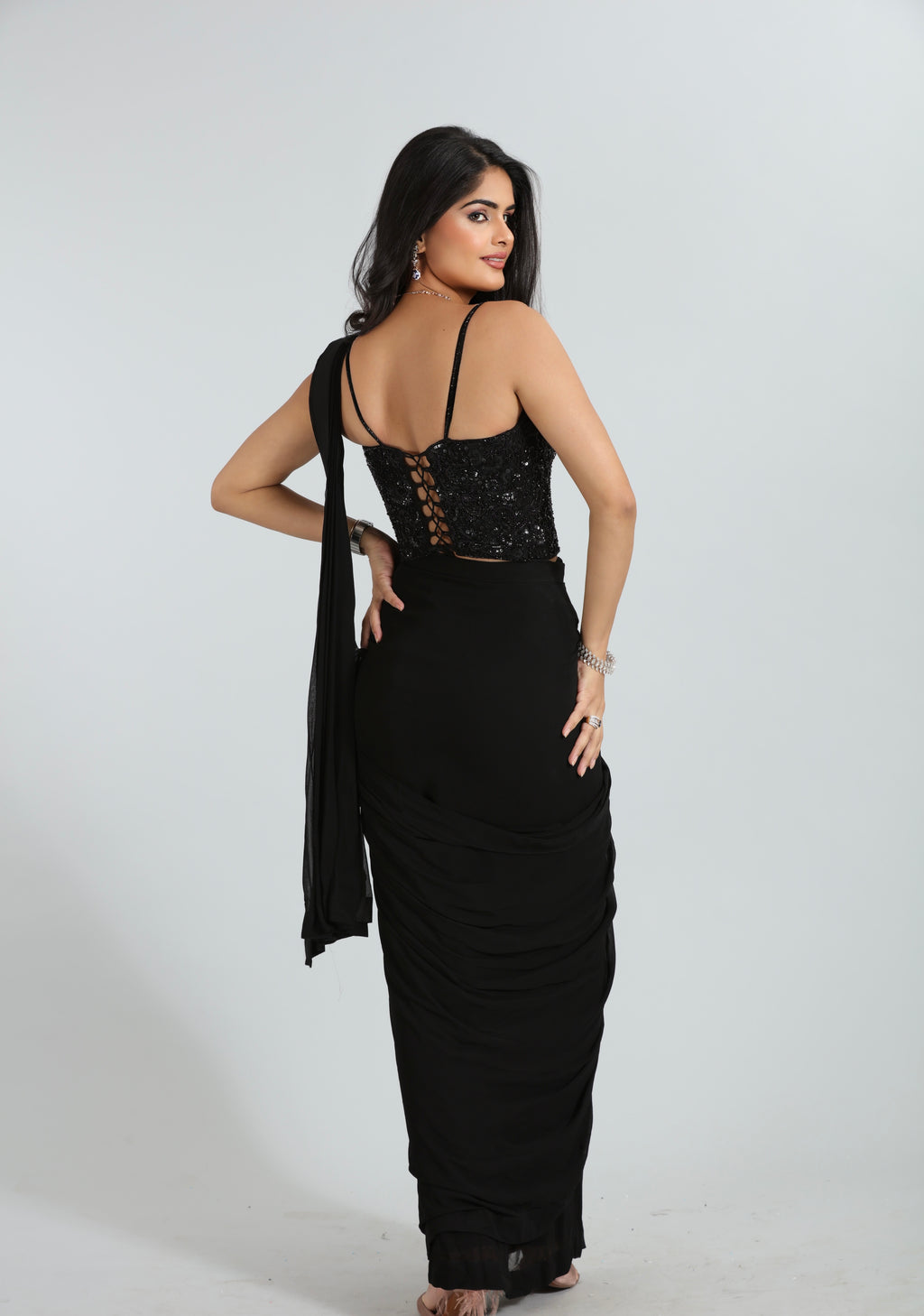 Black Draped Saree with Embroidered Corset