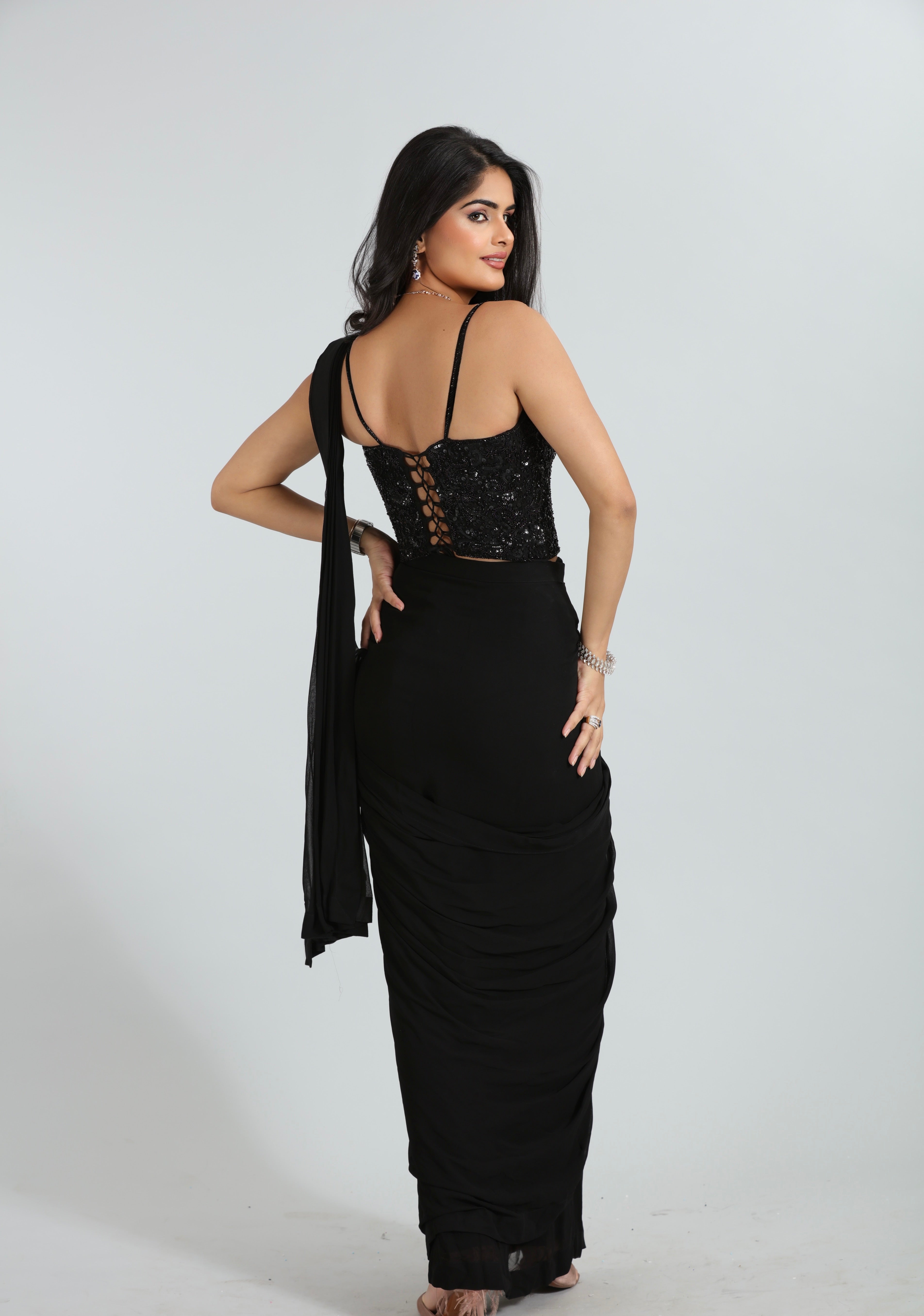 Black Draped Saree with Embroidered Corset