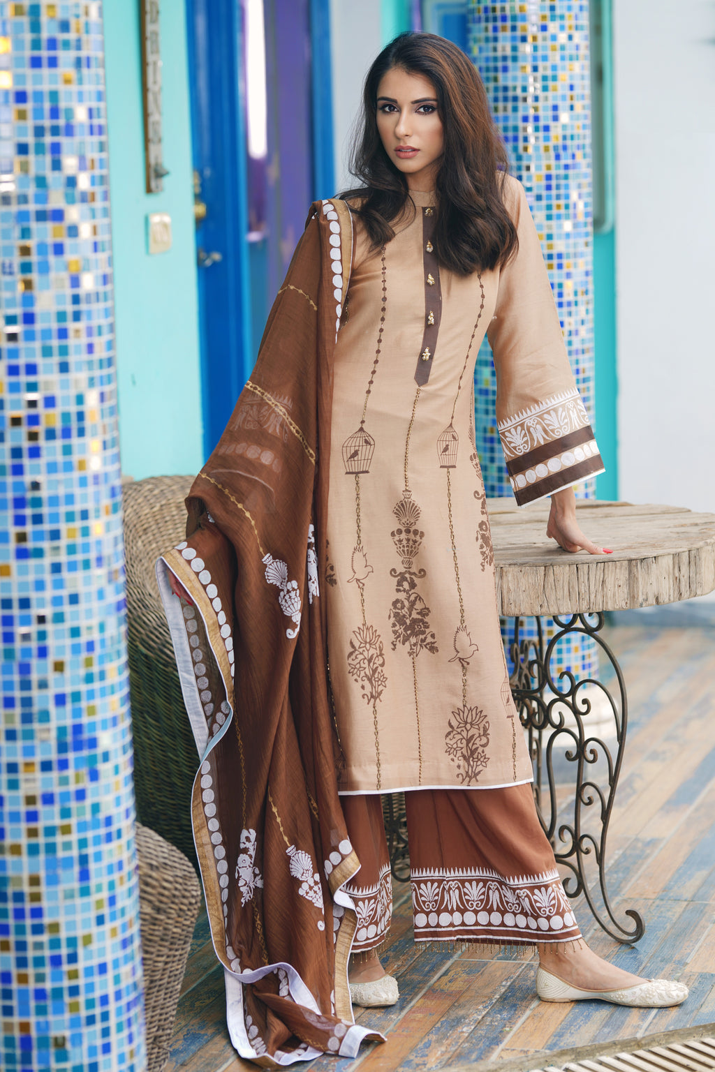 Light & Dark Brown Block Printed Embroidered Kurta Set
