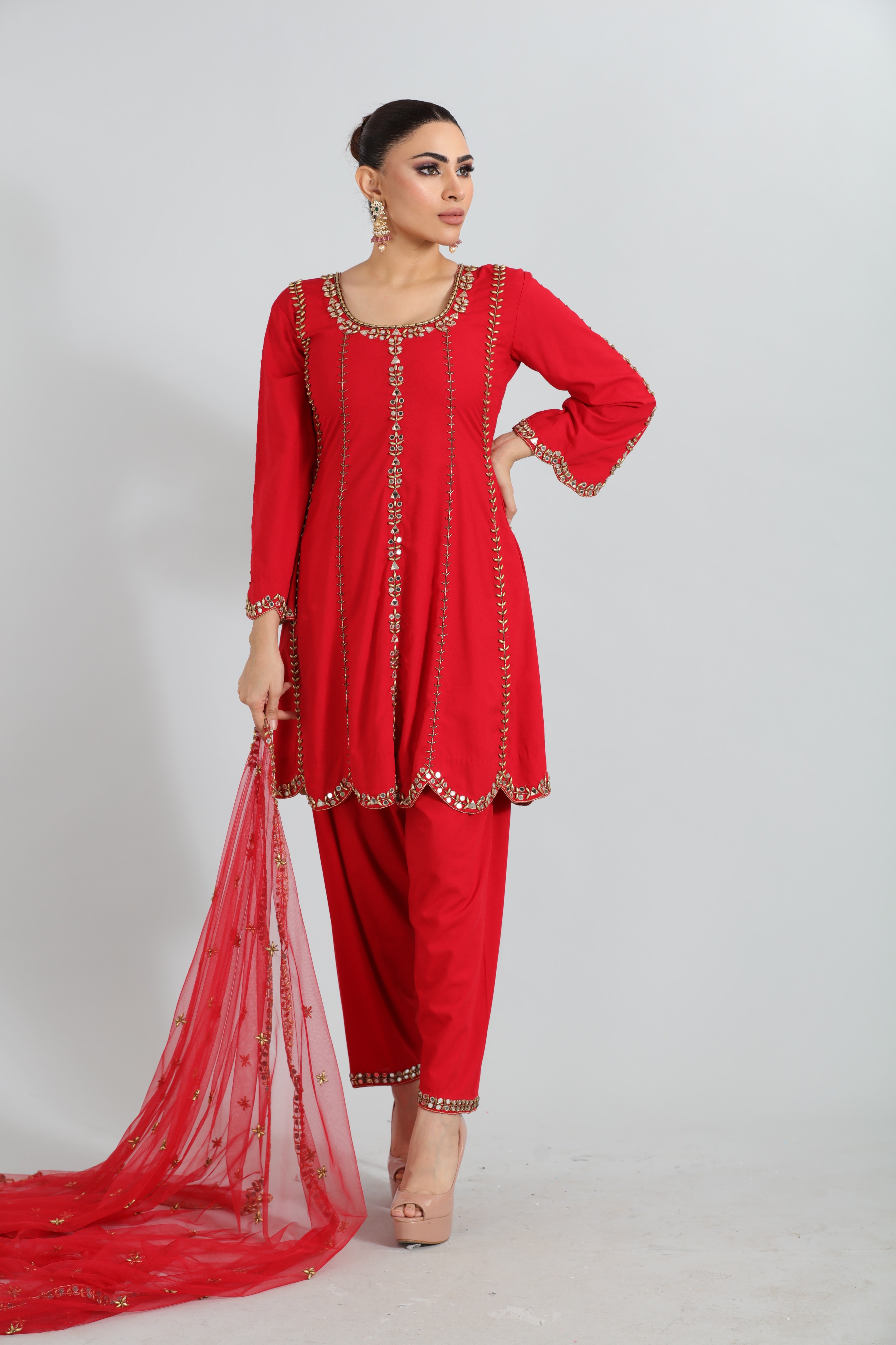 Red Mirror Work Kurta Set