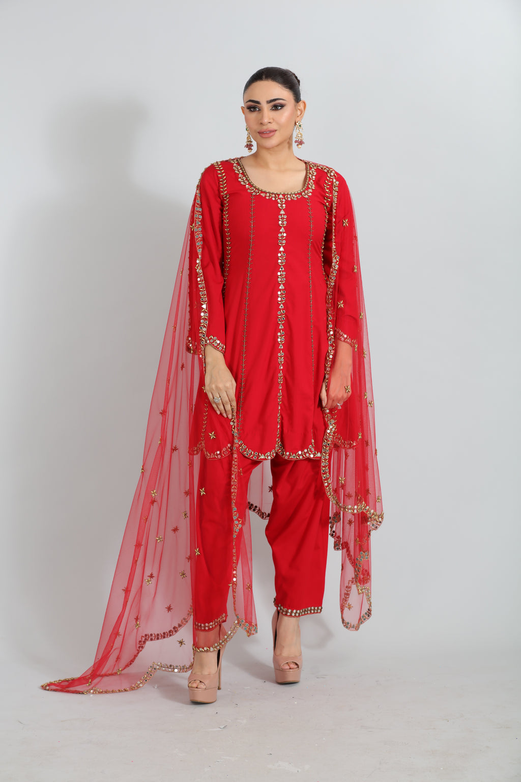 Red Mirror Work Kurta Set