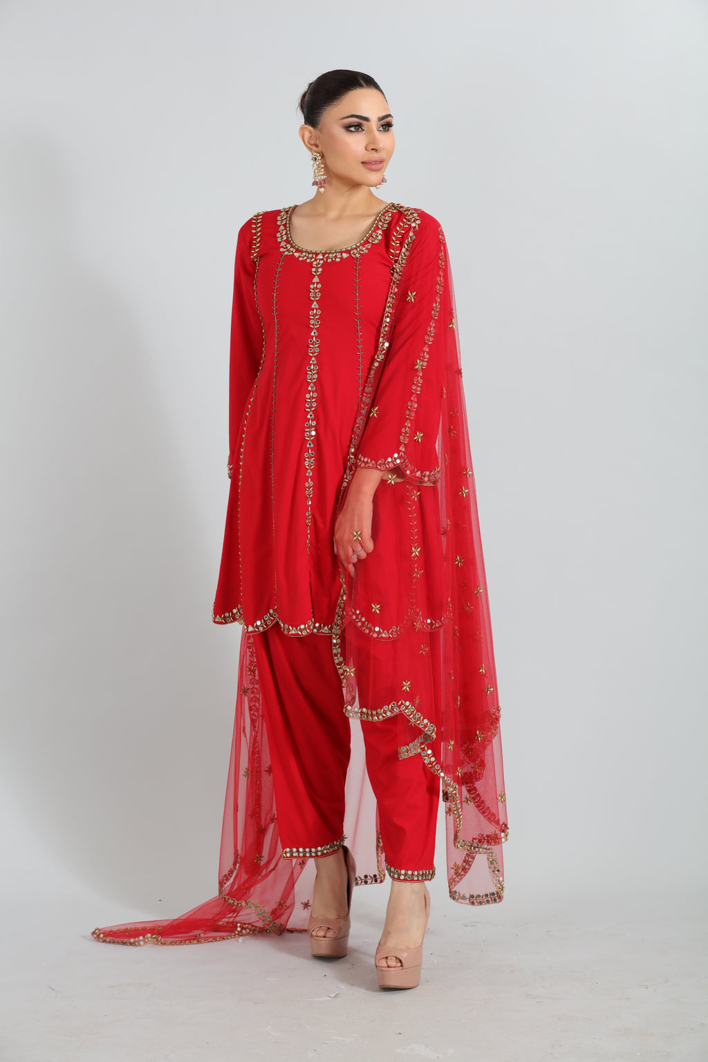Red Mirror Work Kurta Set