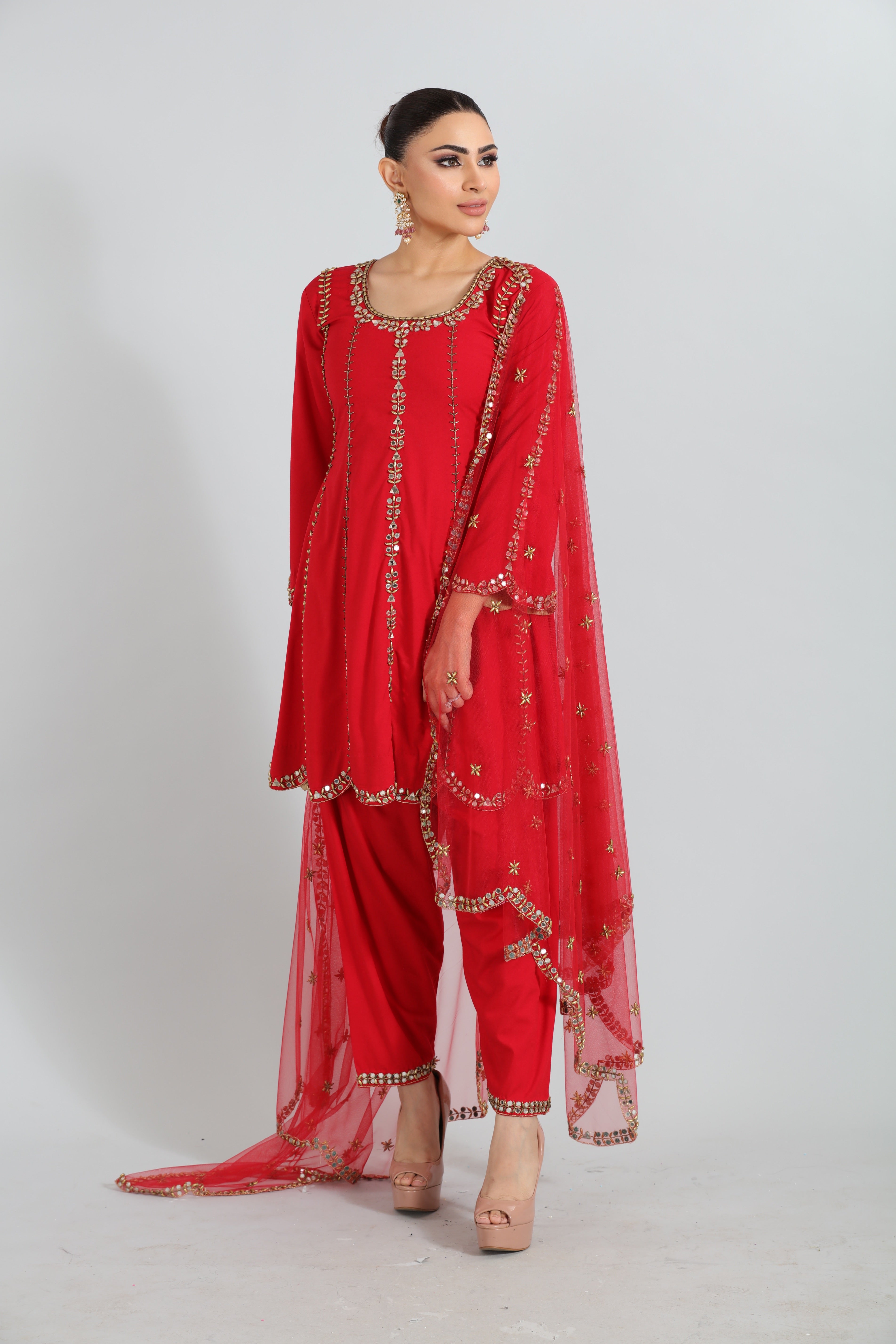 Red Mirror Work Kurta Set
