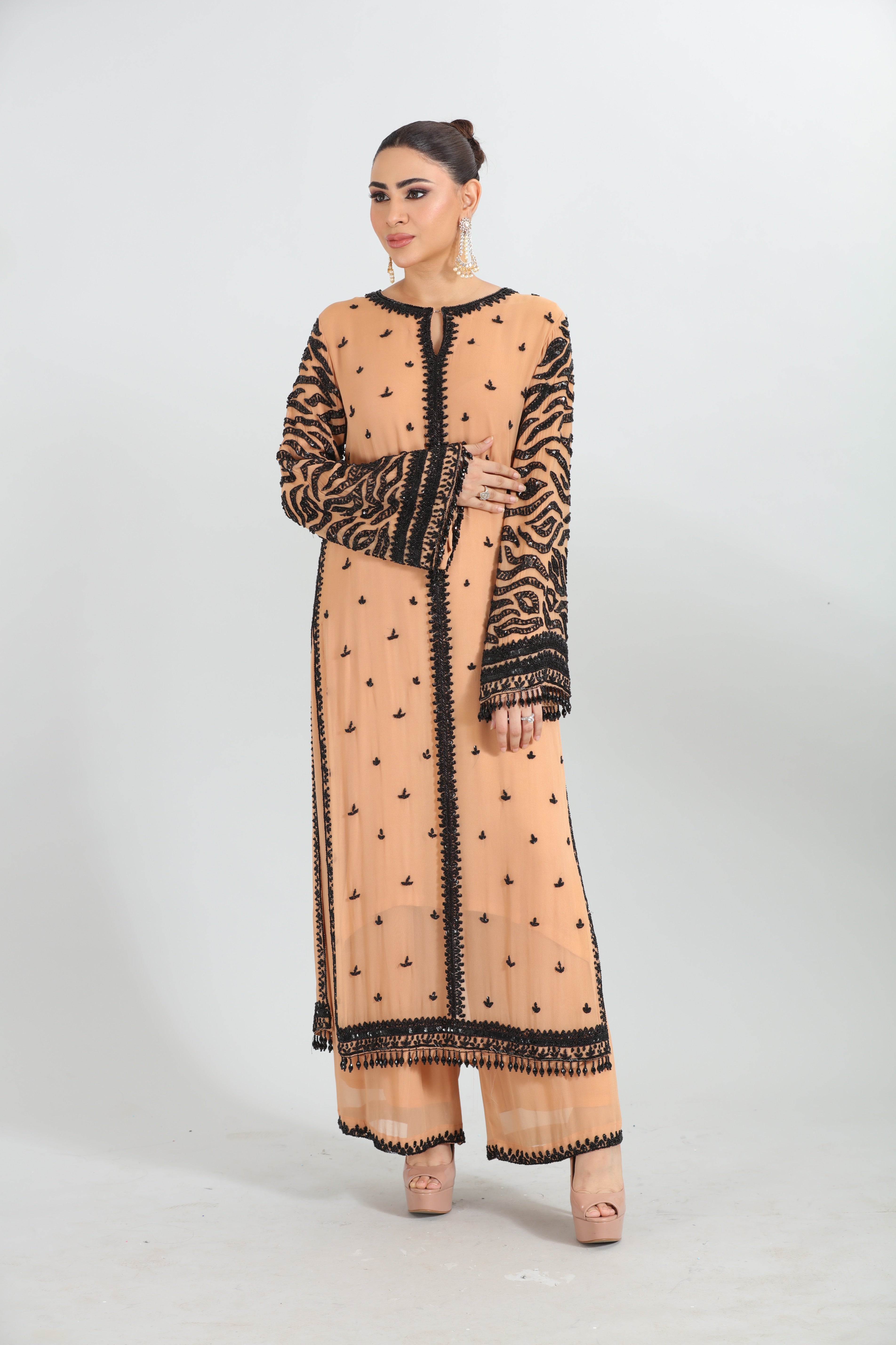 Beige & Black Embroidered Georgette Kurta Set