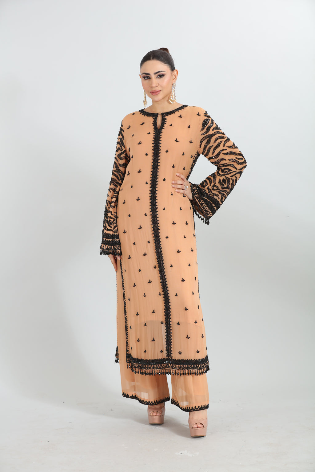 Beige & Black Embroidered Georgette Kurta Set