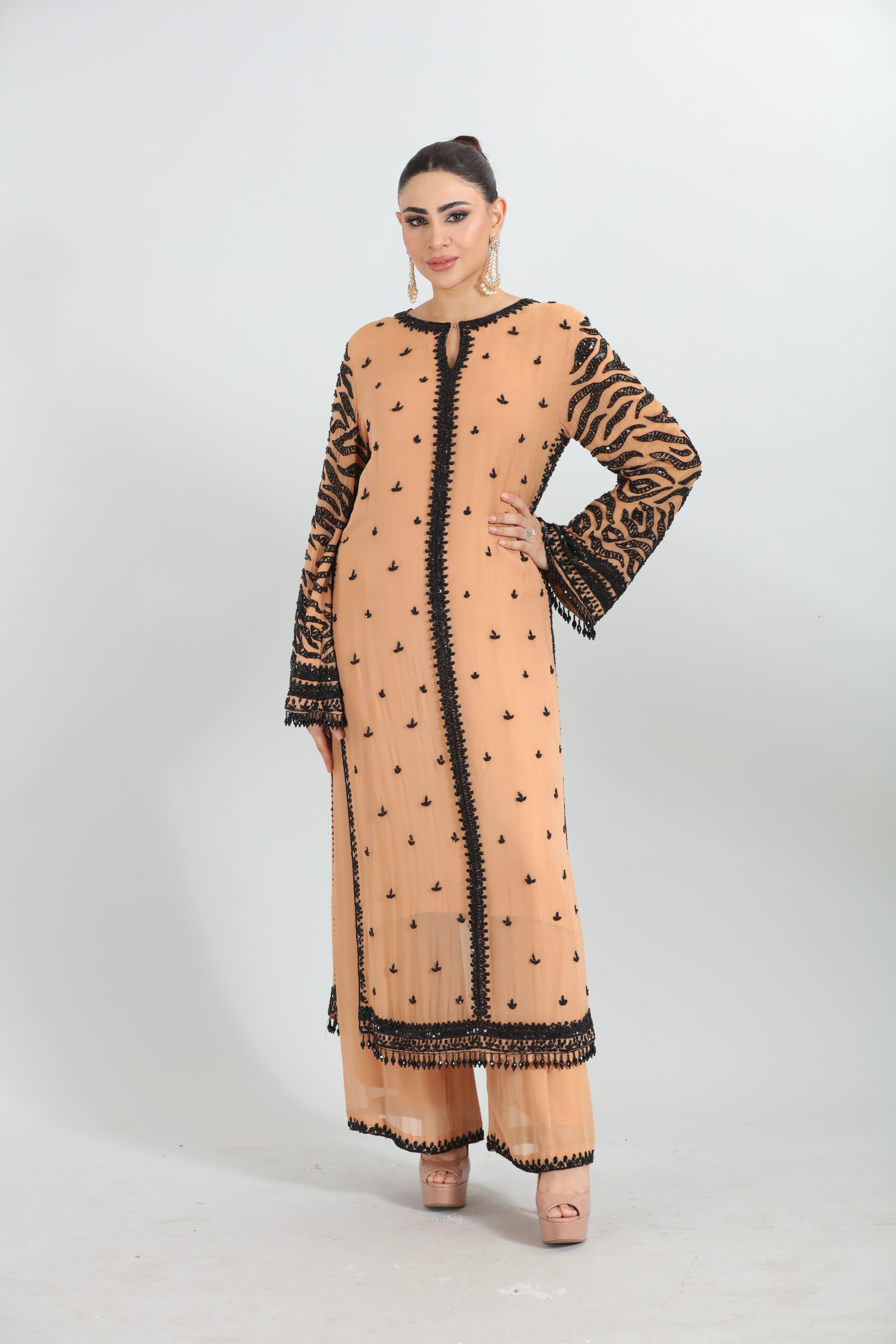 Beige & Black Embroidered Georgette Kurta Set