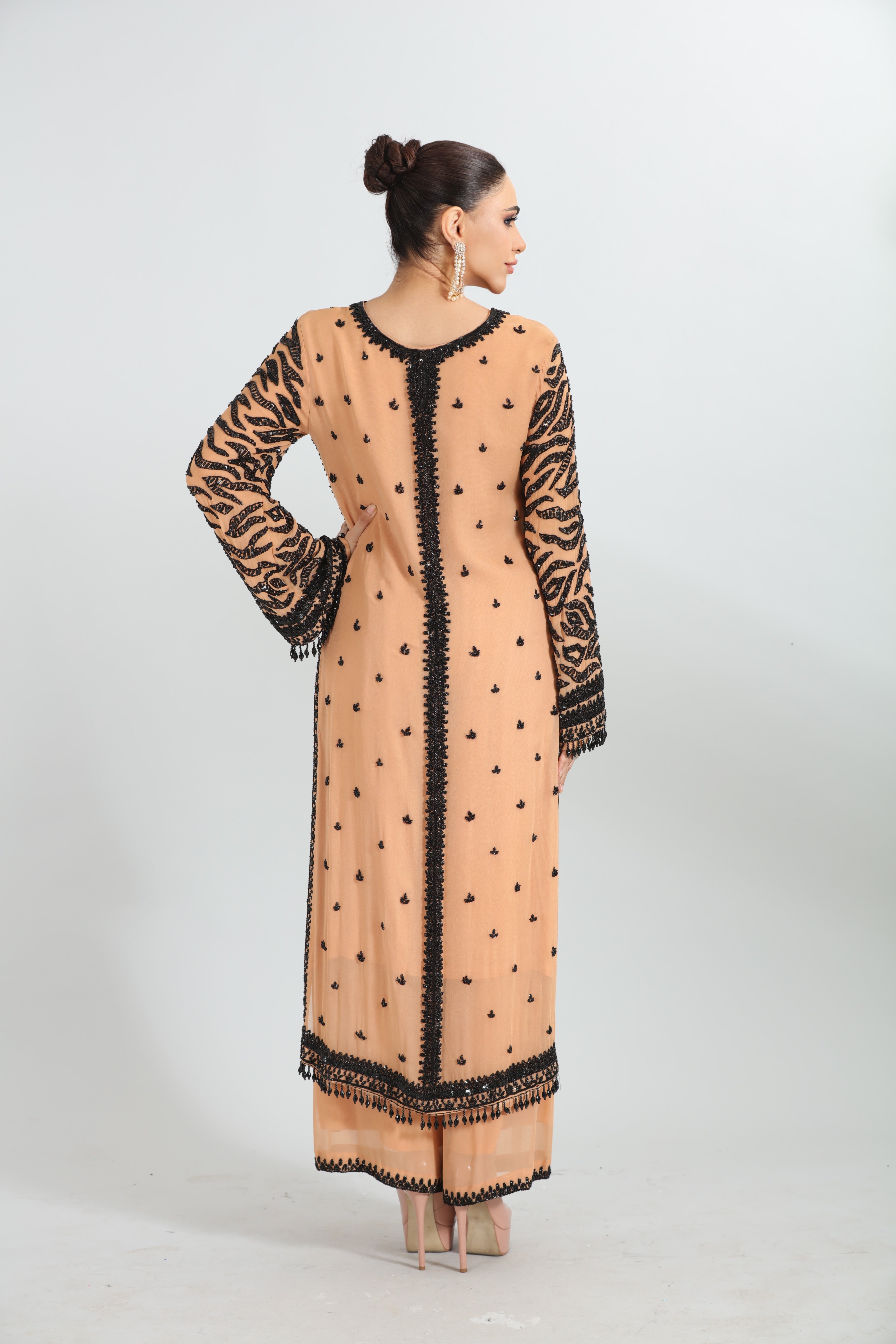 Beige & Black Embroidered Georgette Kurta Set