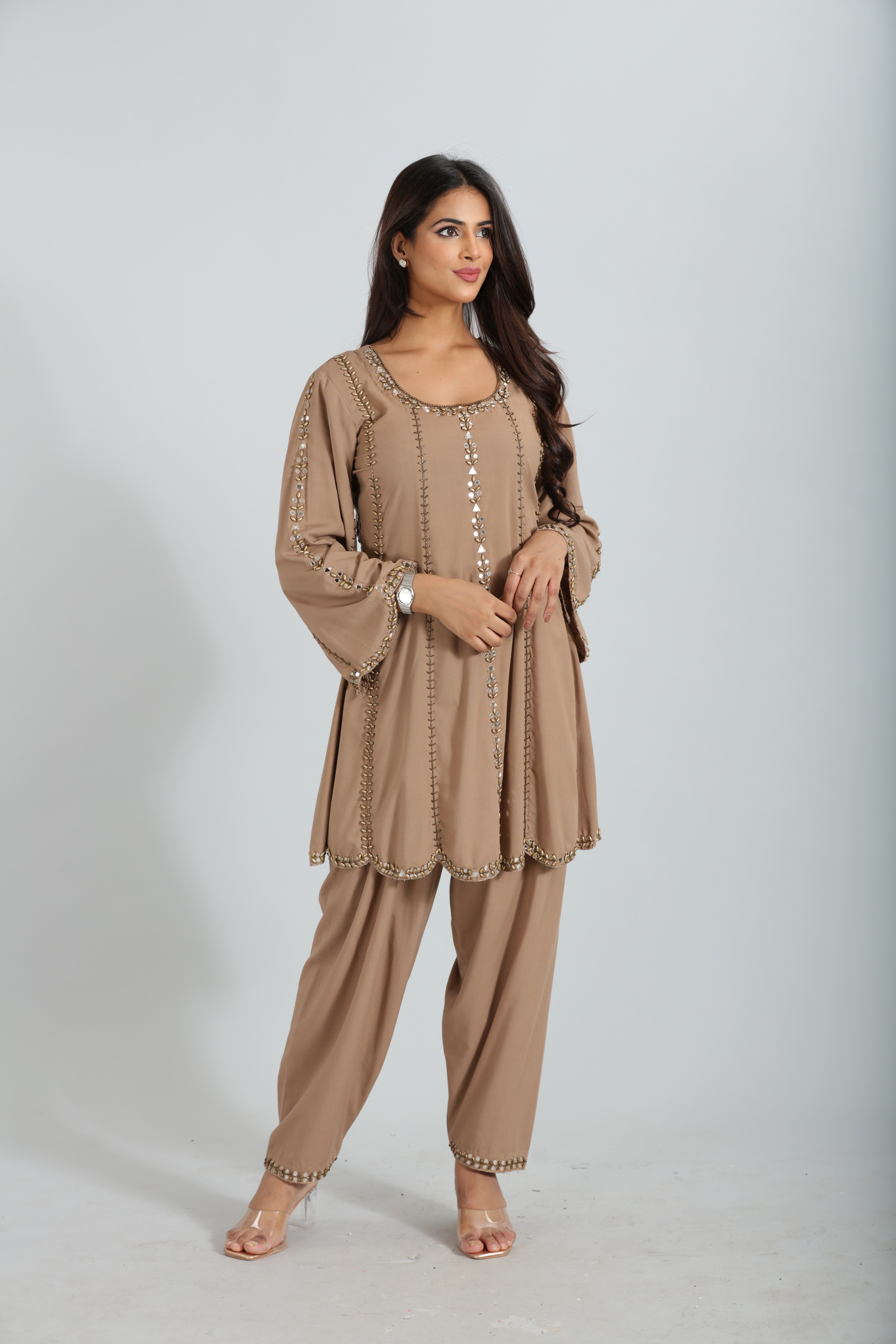 Sand Beige Mirror Work Kurta Set