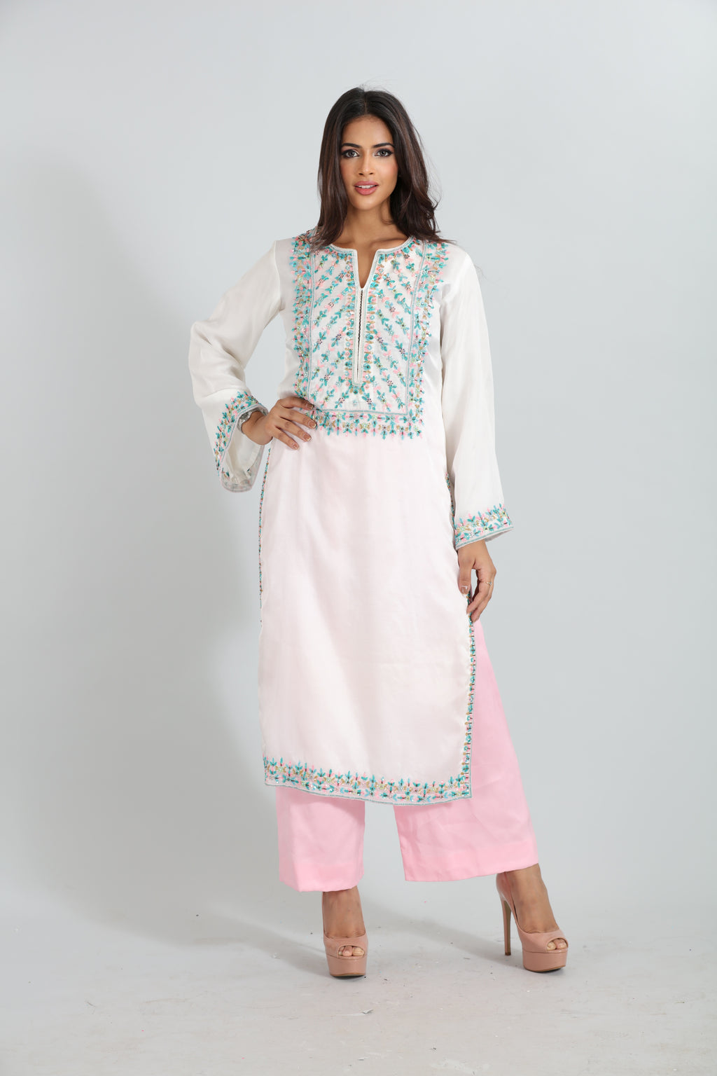 White Pastel Embroidered Kurta Set