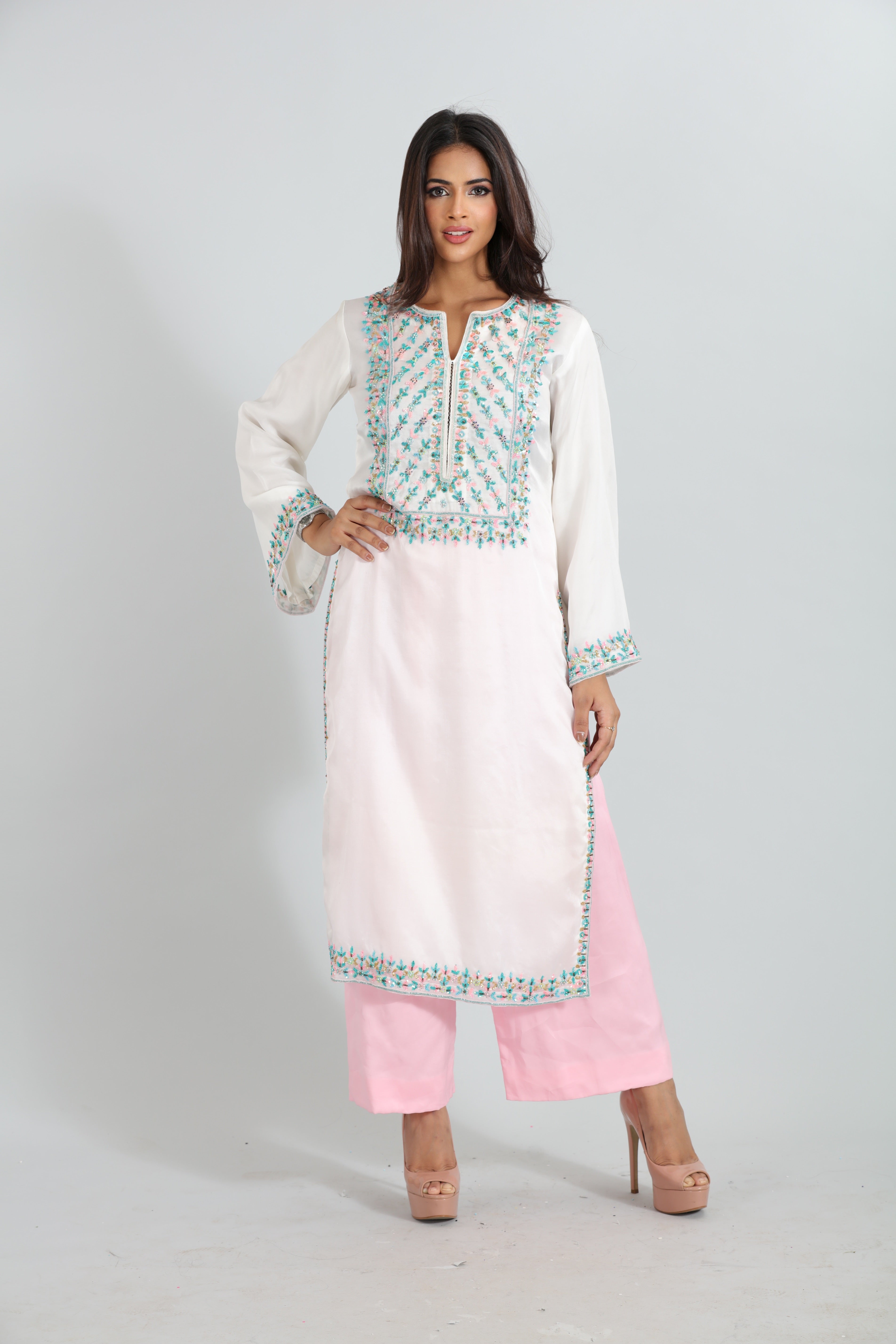 White Pastel Embroidered Kurta Set