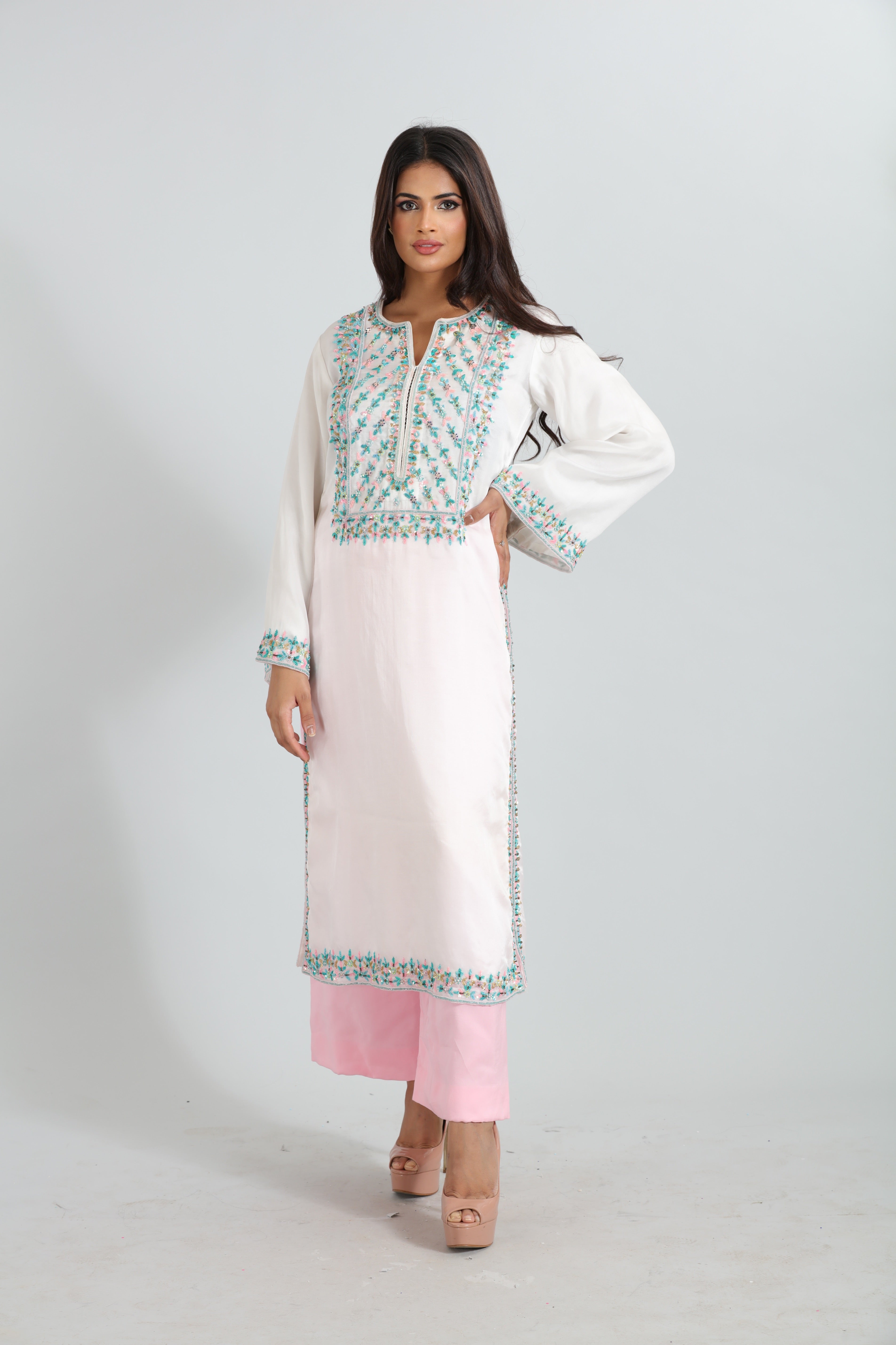 White Pastel Embroidered Kurta Set