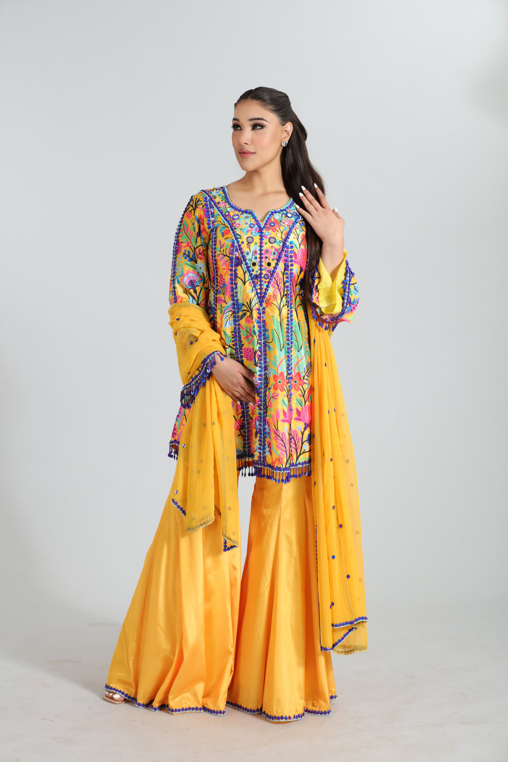 Yellow & Blue Digital Printed Sharara Set
