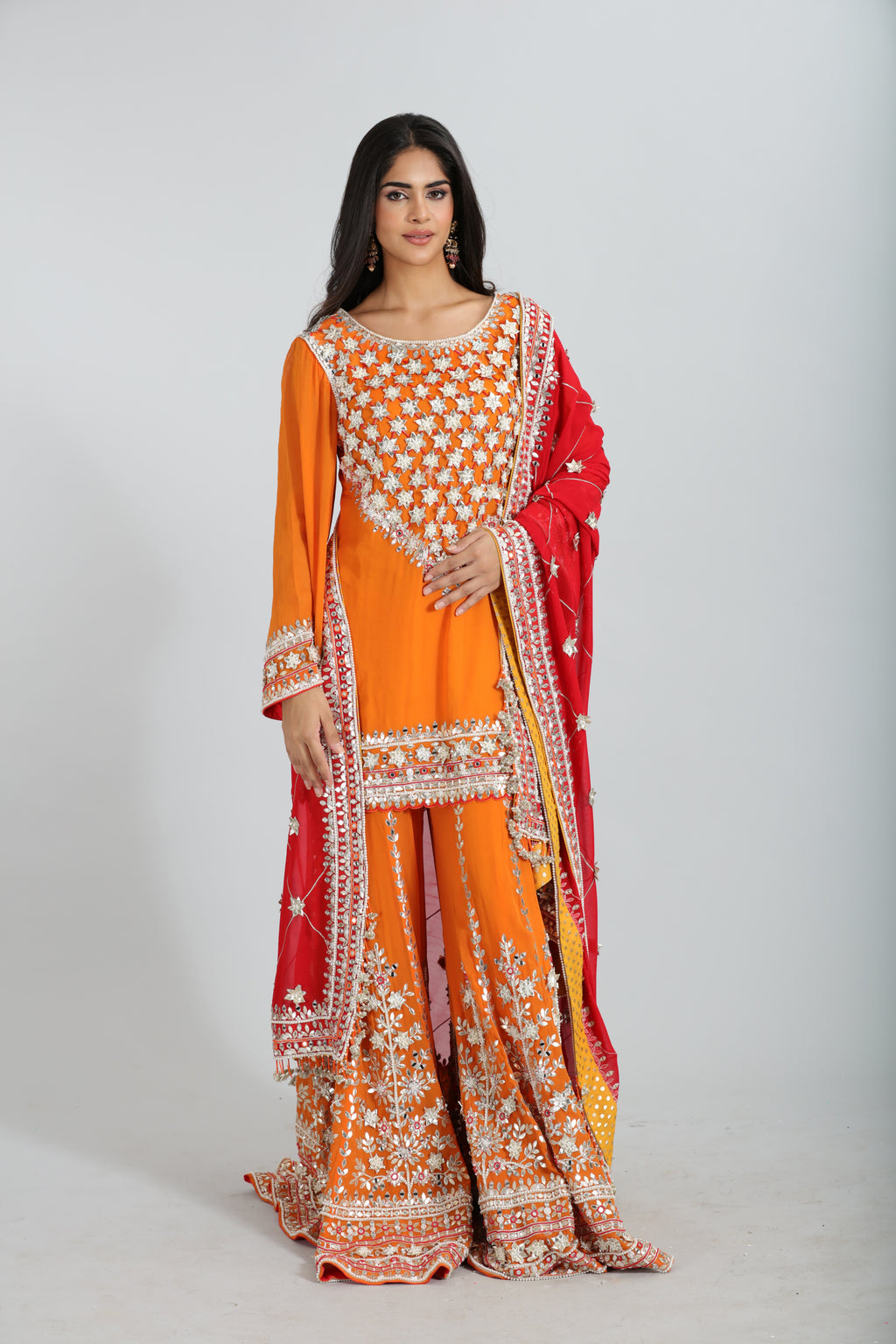 Red & Orange Gotta Patti Hand Embroidered Sharara Set