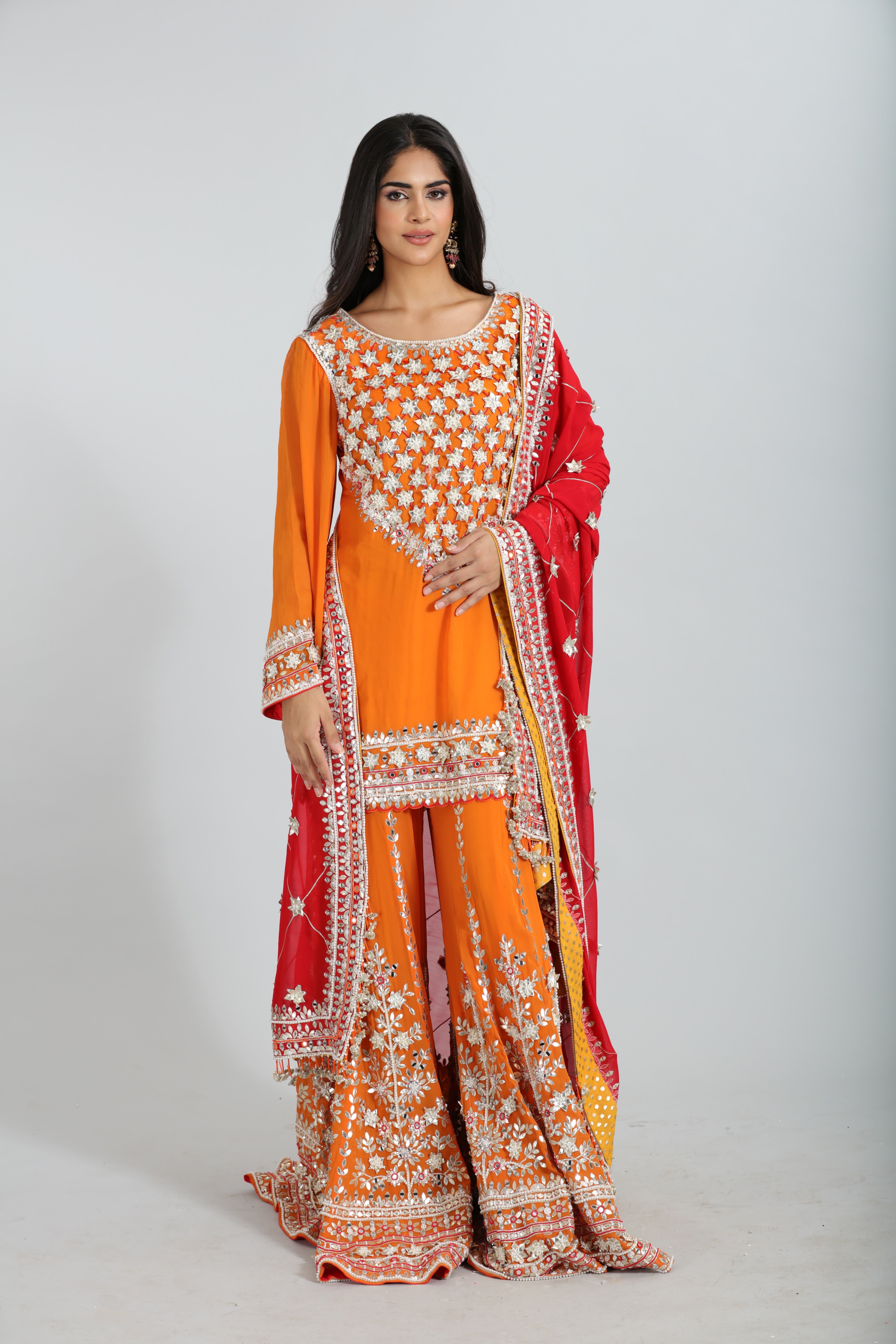Red & Orange Gotta Patti Hand Embroidered Sharara Set
