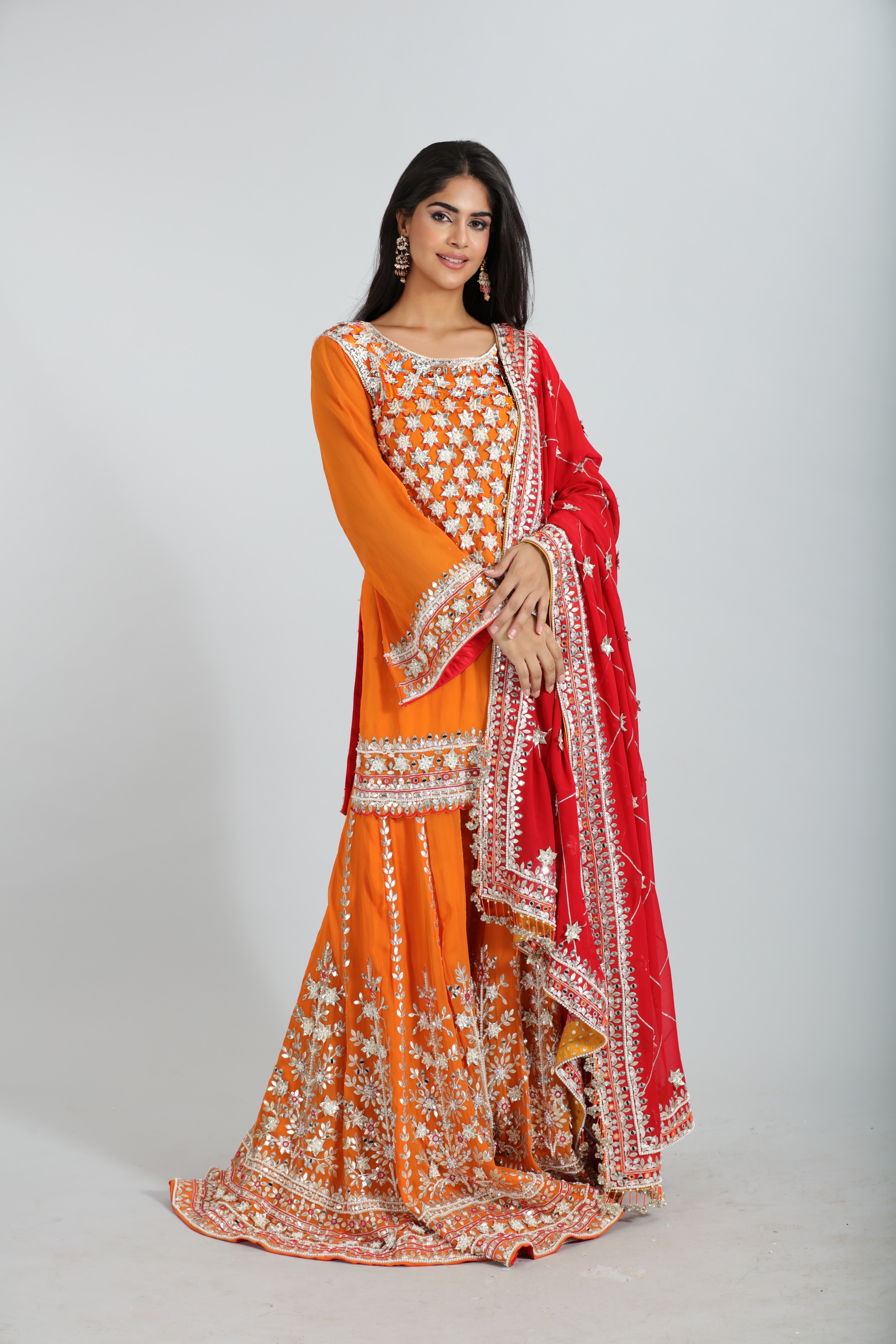 Red & Orange Gotta Patti Hand Embroidered Sharara Set