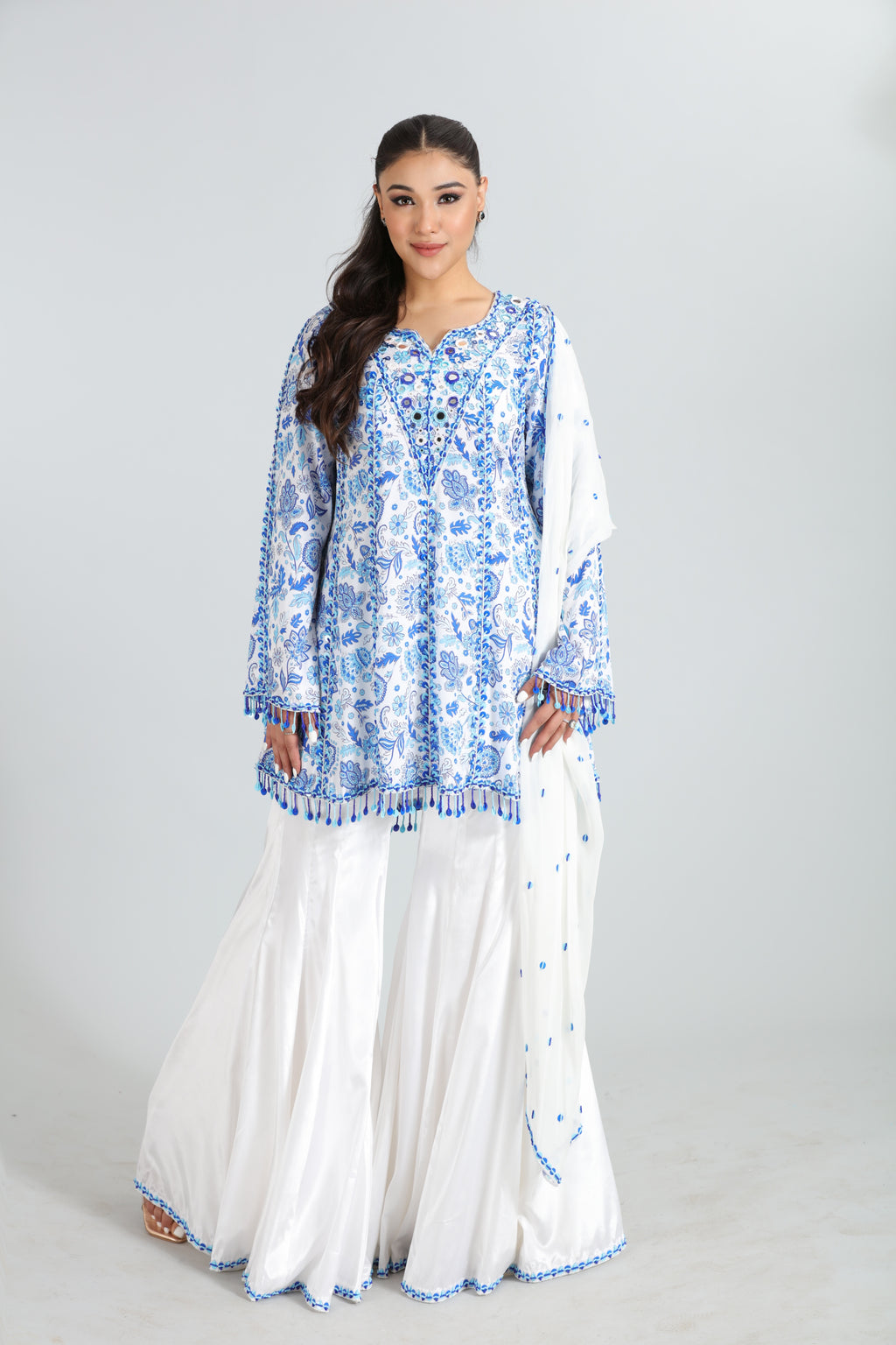 White & Blue Digital Printed Sharara Set