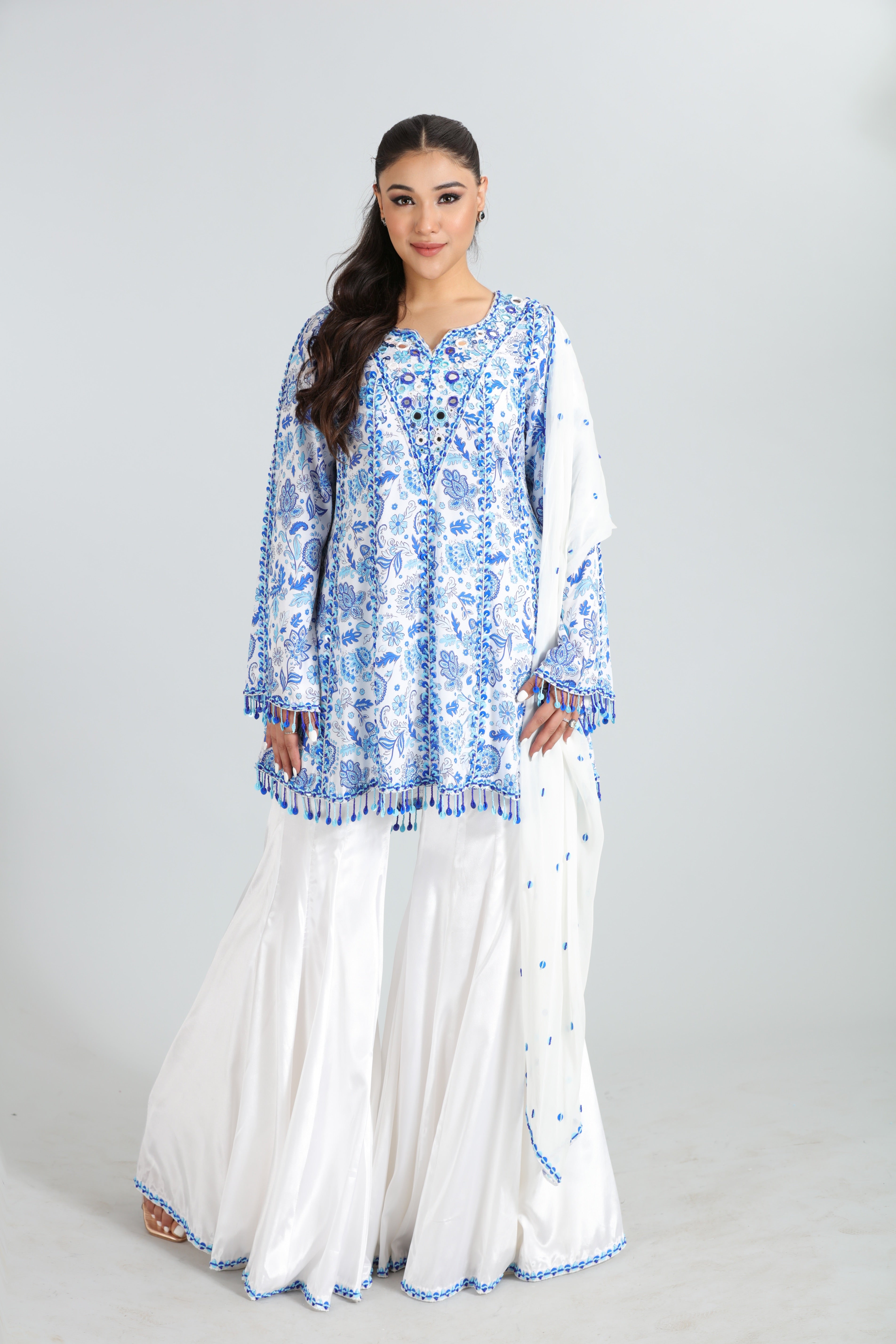White & Blue Digital Printed Sharara Set