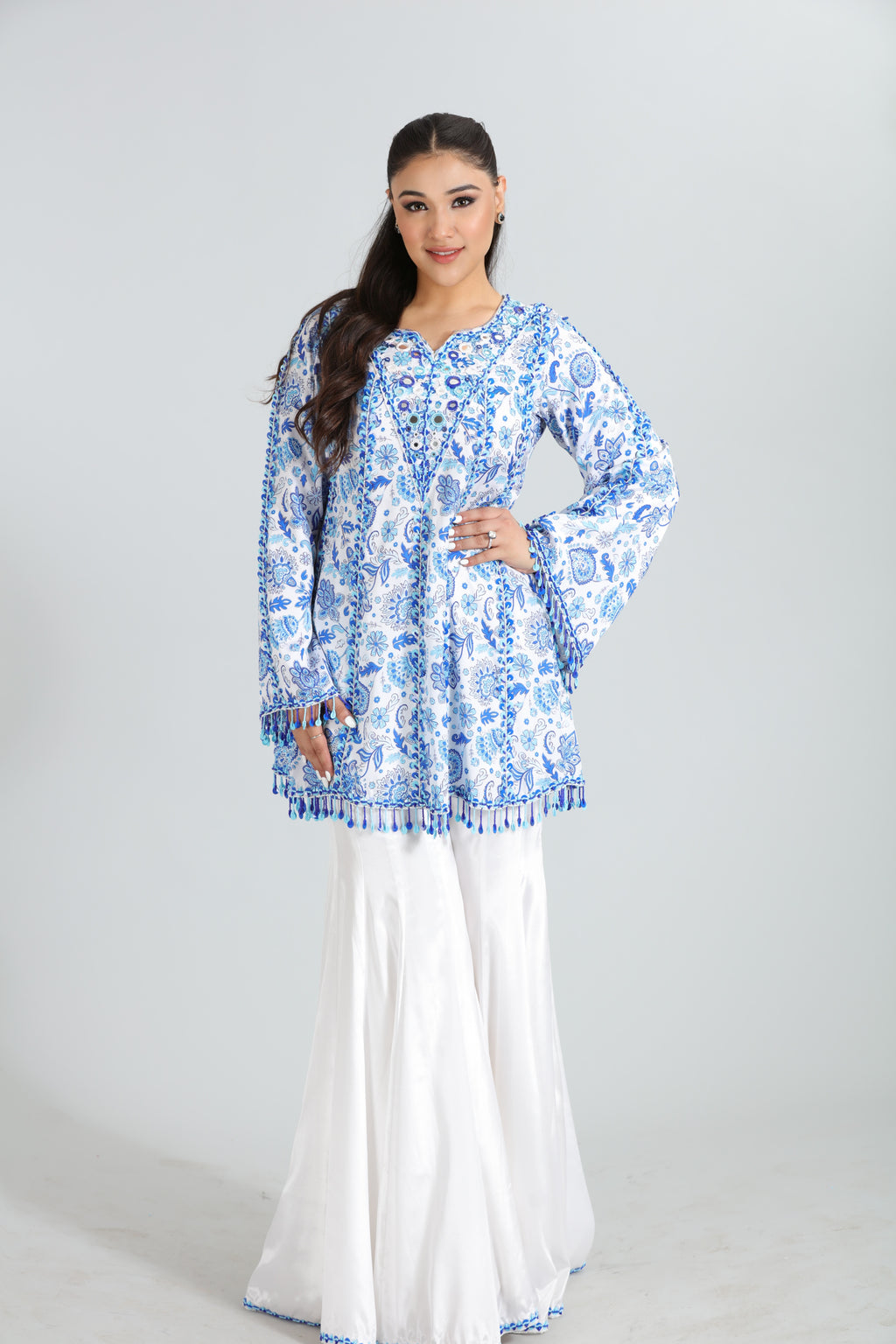 White & Blue Digital Printed Sharara Set