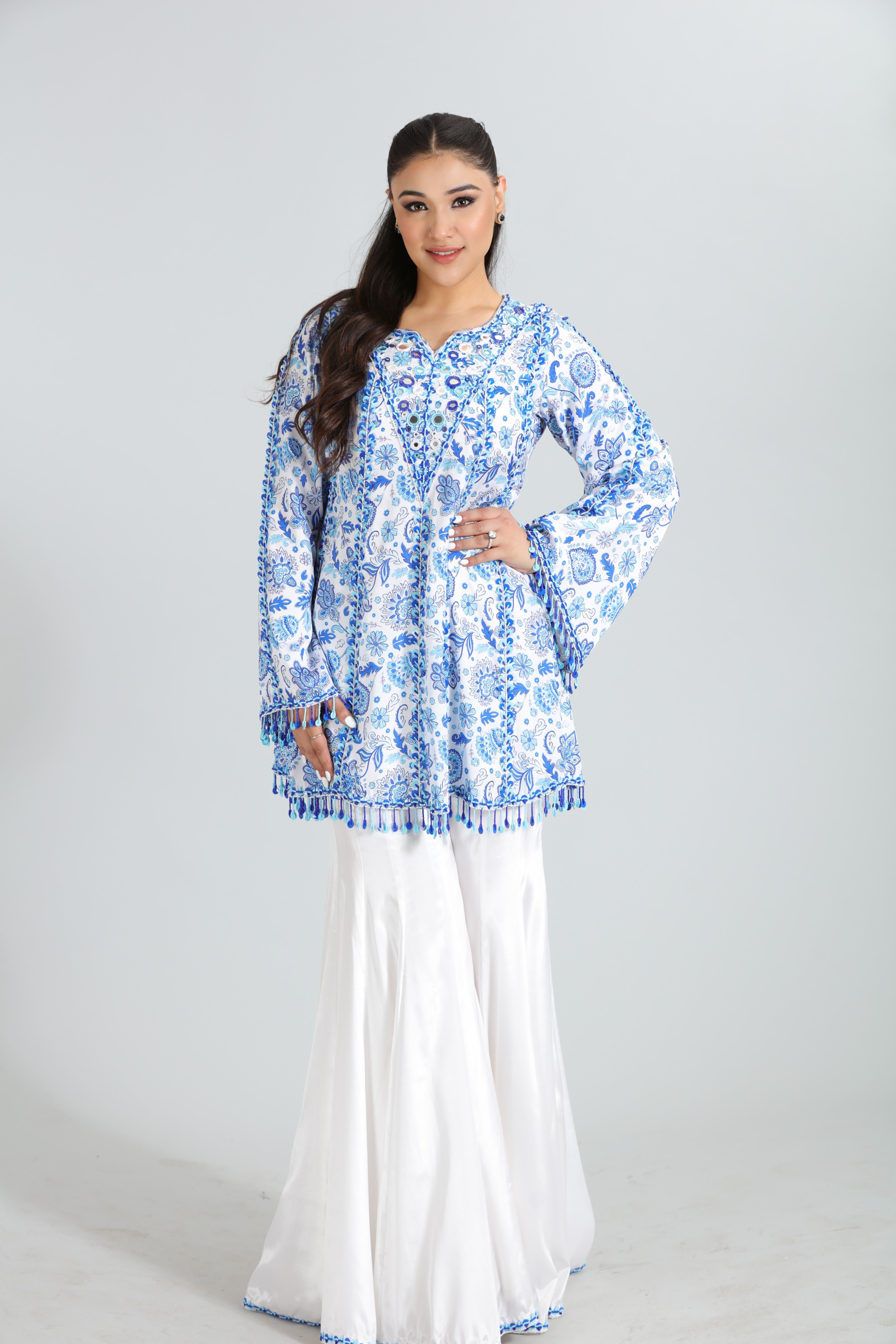 White & Blue Digital Printed Sharara Set
