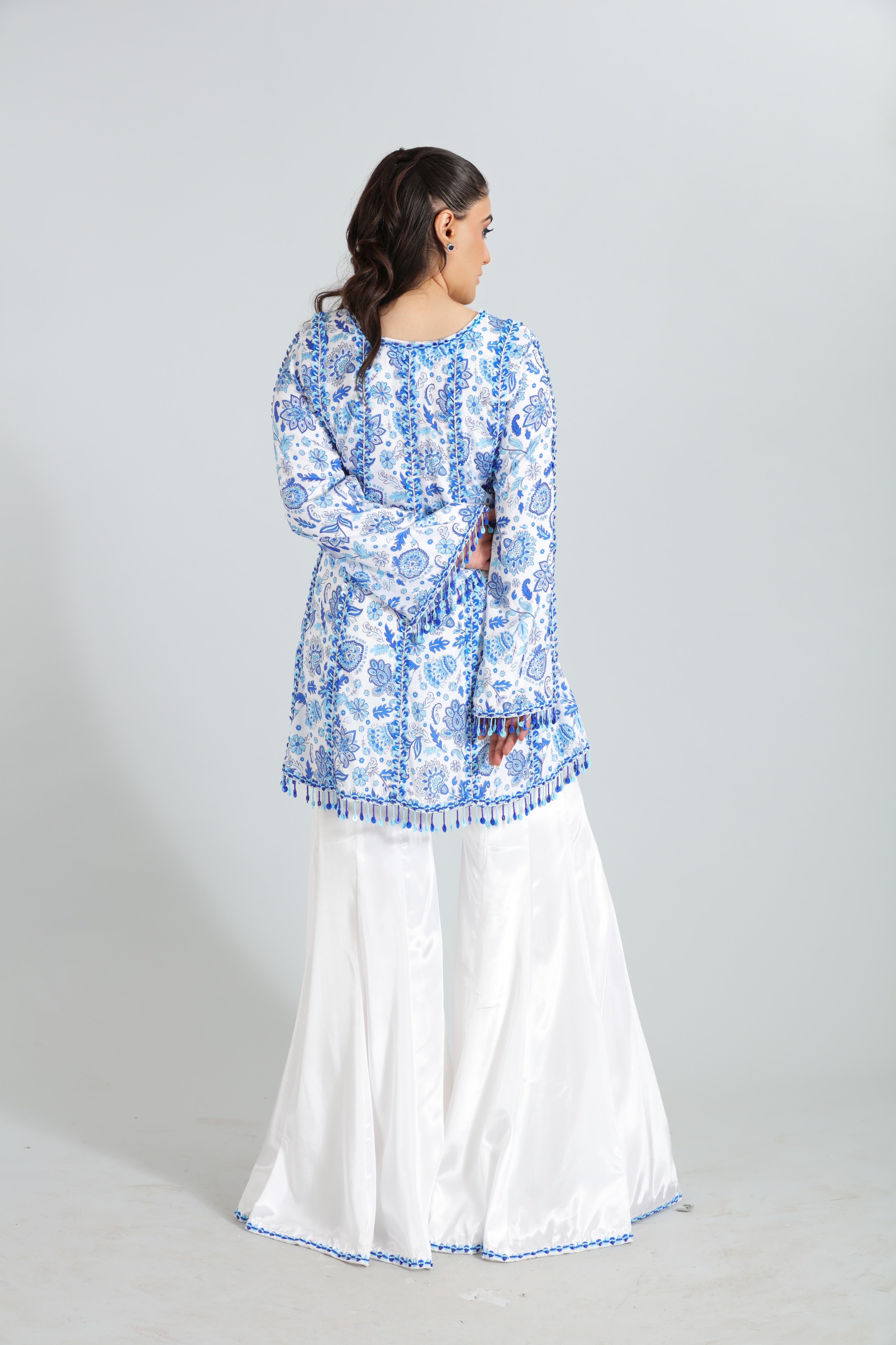 White & Blue Digital Printed Sharara Set