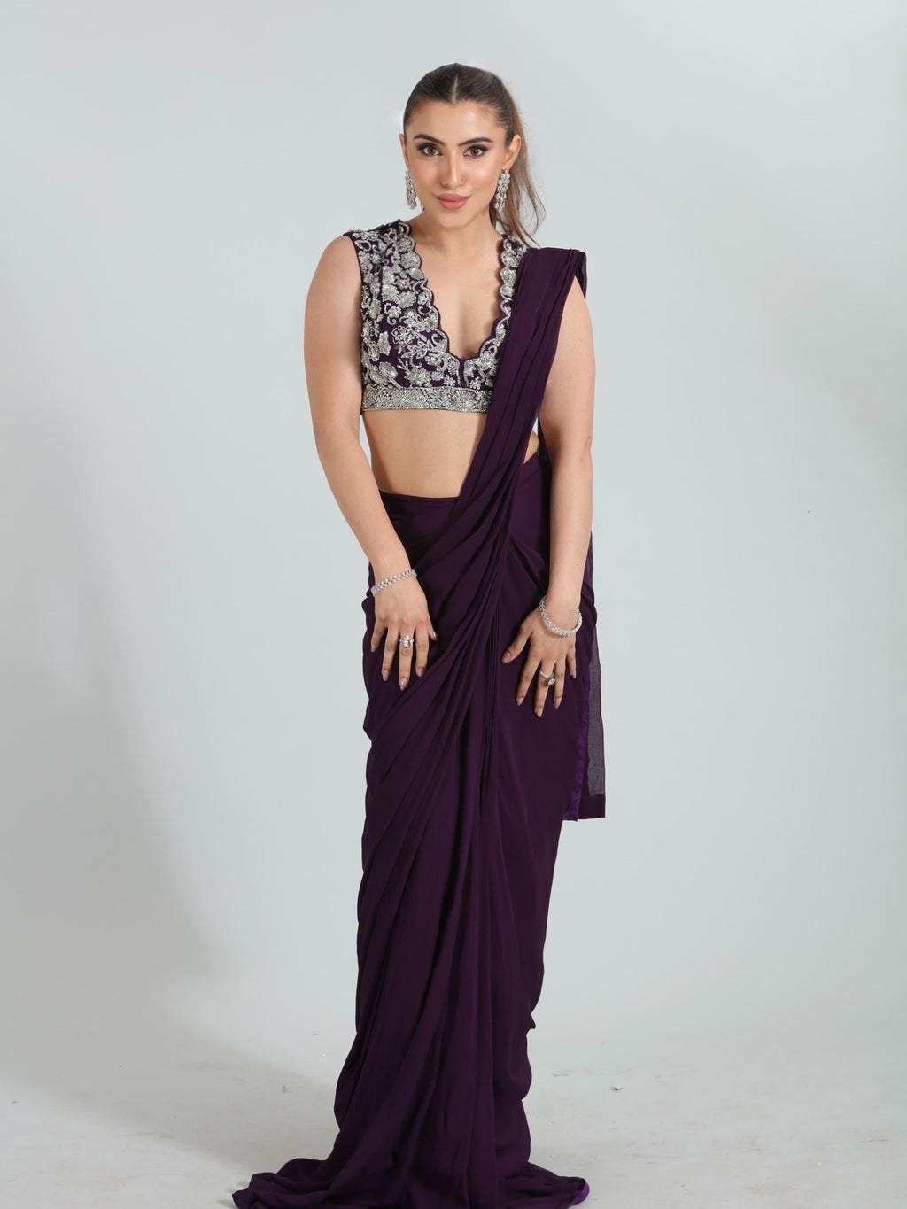 Deep Purple Embroidered Saree Set