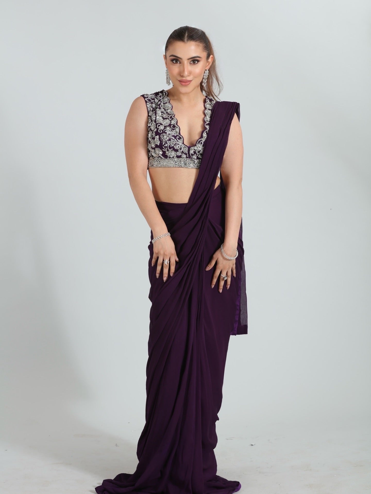 Deep Purple Embroidered Saree Set
