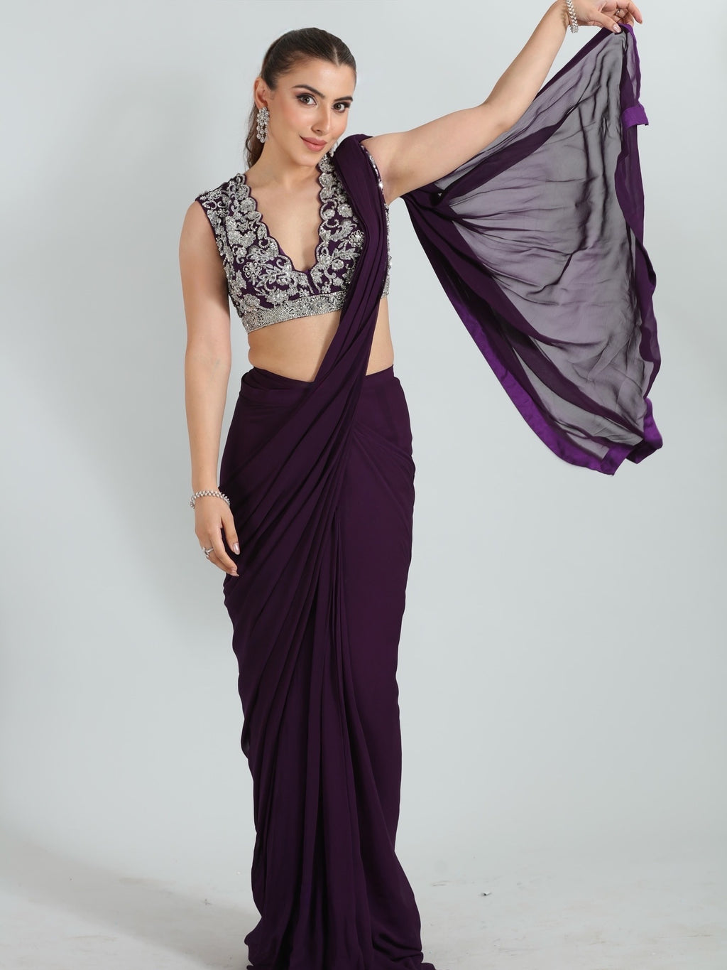 Deep Purple Embroidered Saree Set