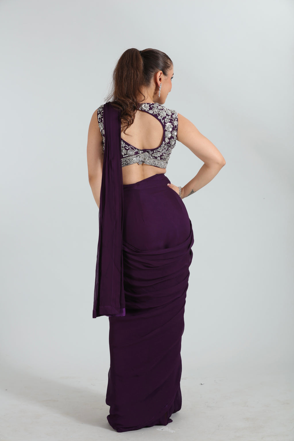 Deep Purple Embroidered Saree Set