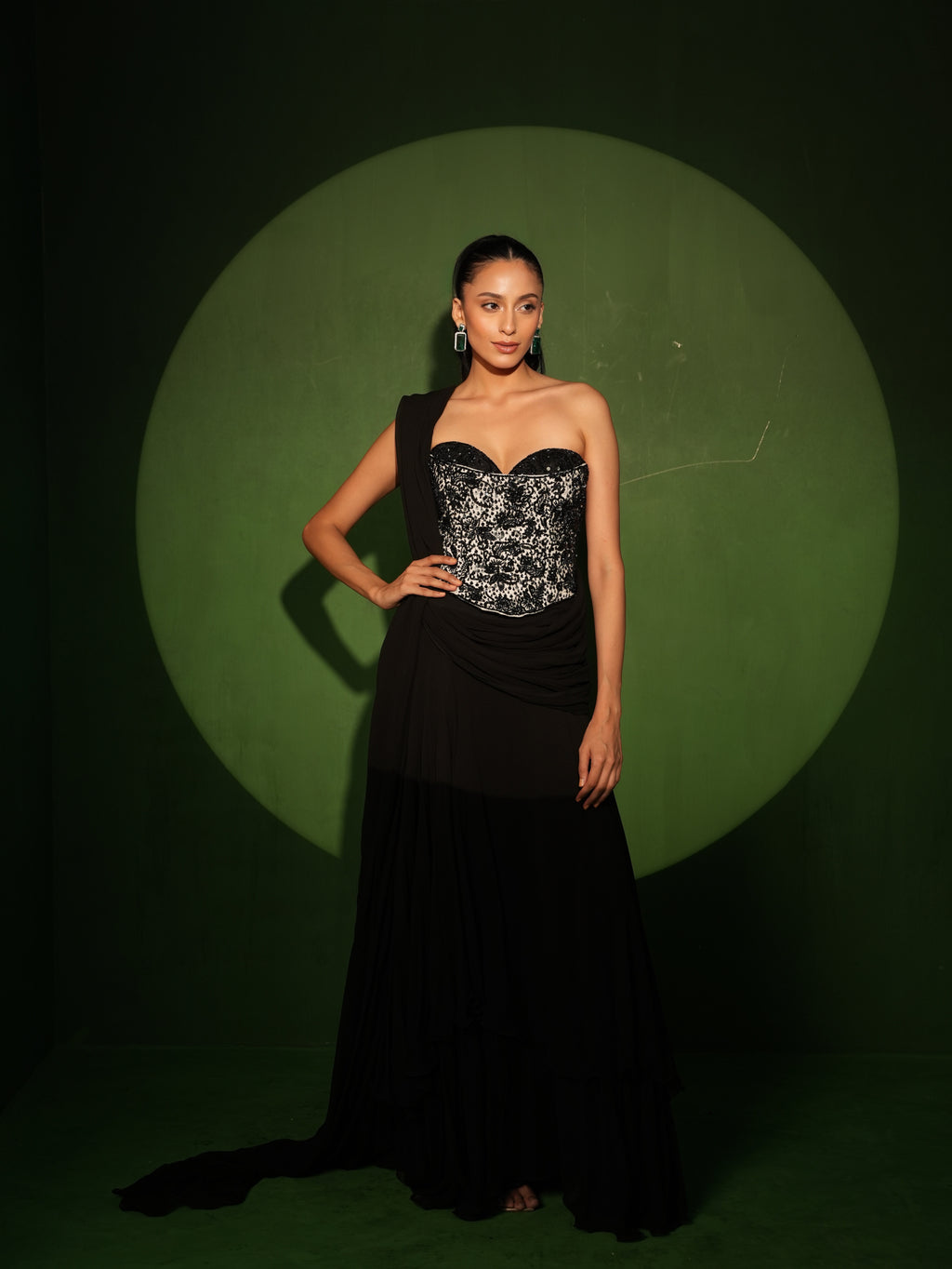 Monochrome Hand Embroidered Corset with Saree