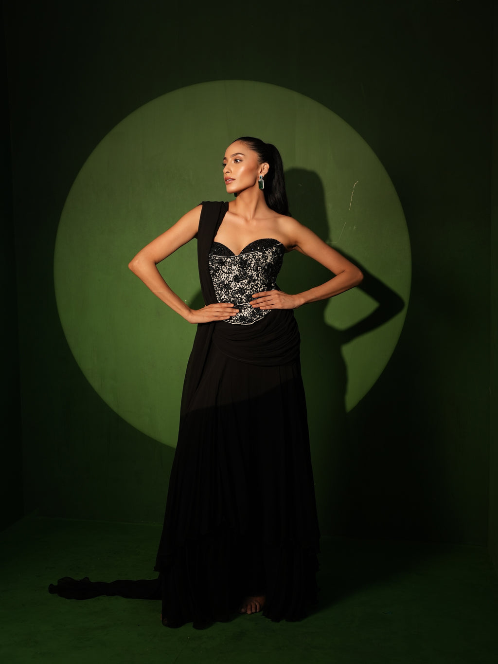 Monochrome Hand Embroidered Corset with Saree
