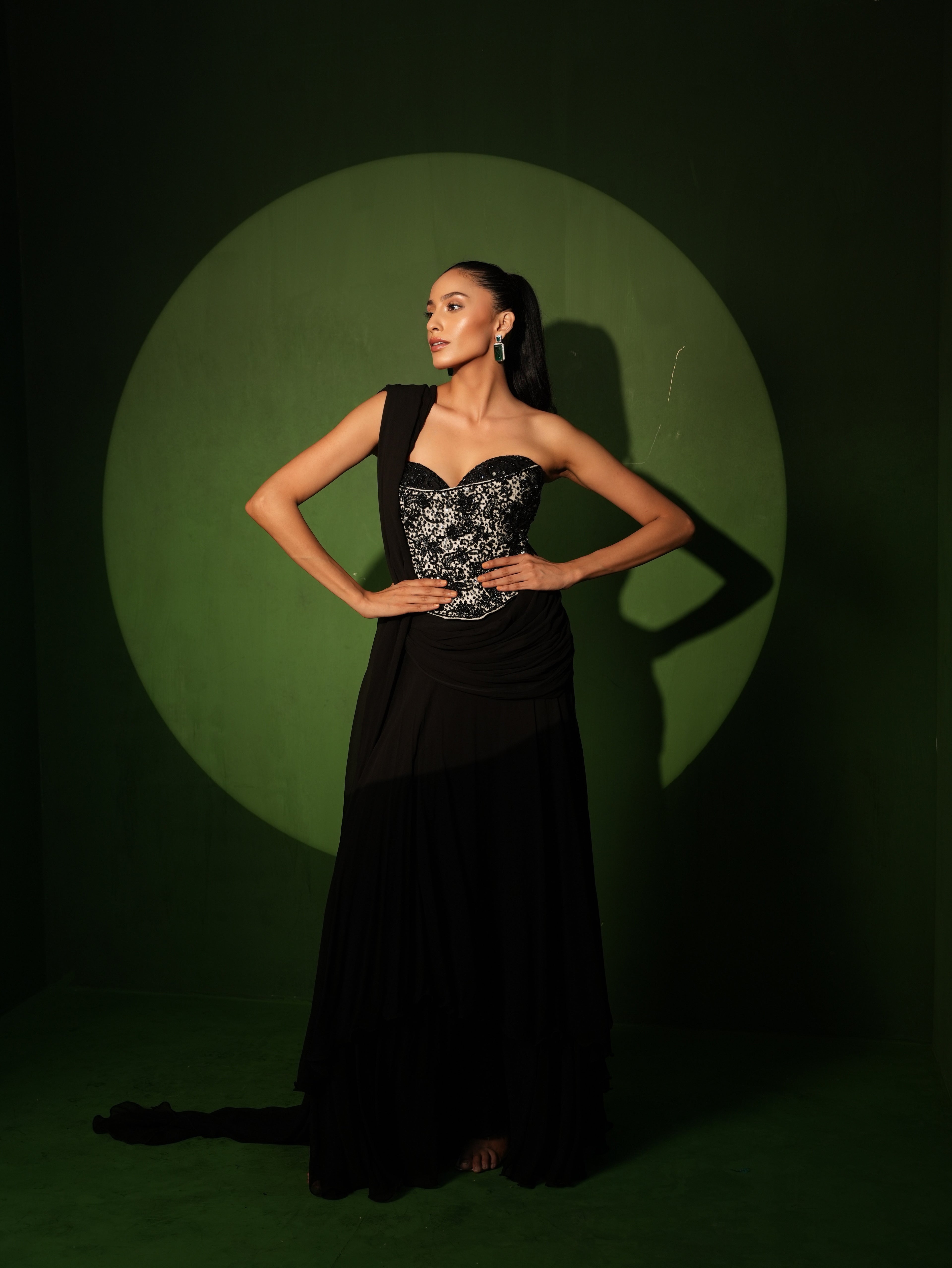 Monochrome Hand Embroidered Corset with Saree