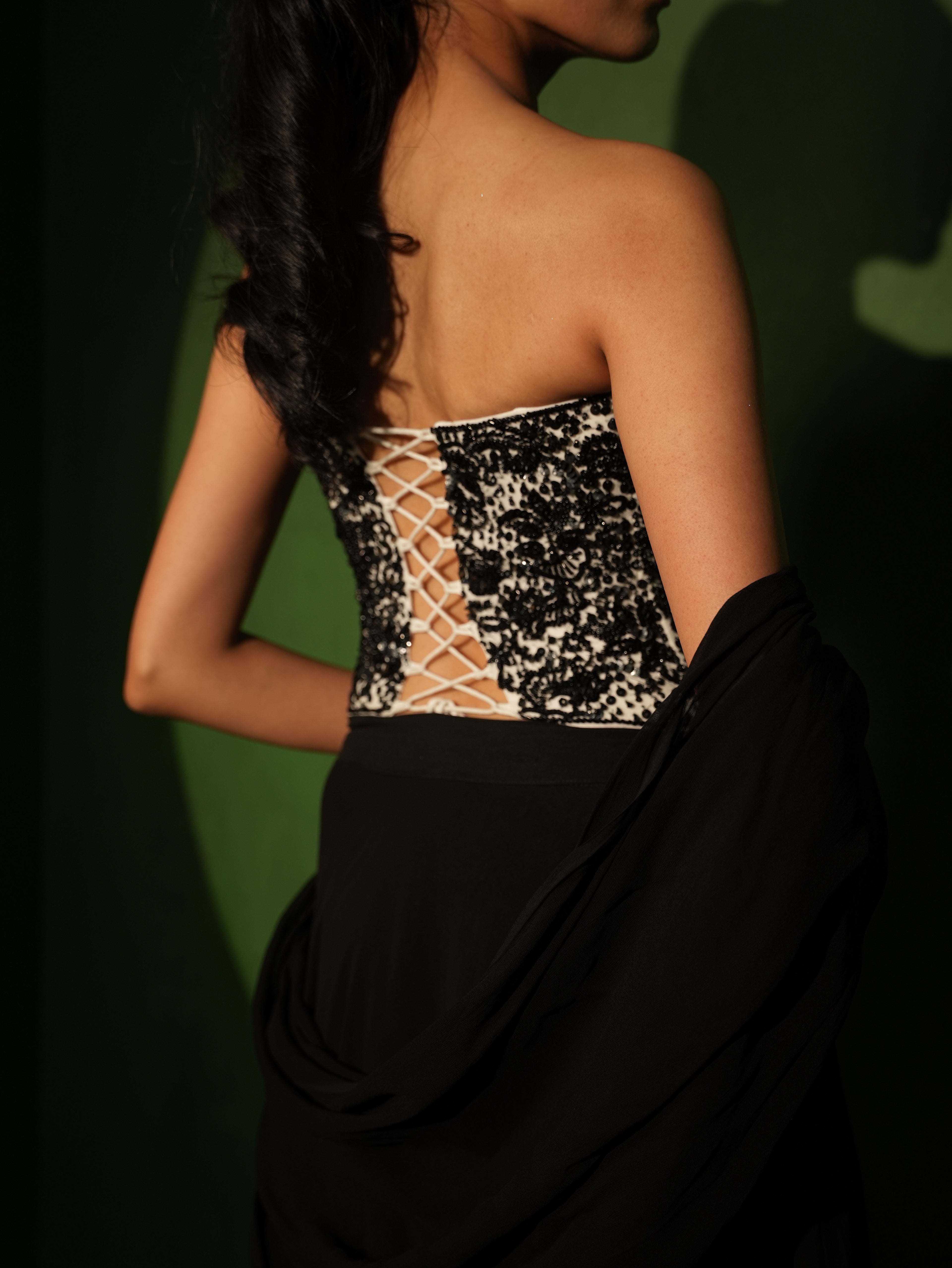 Monochrome Hand Embroidered Corset with Saree