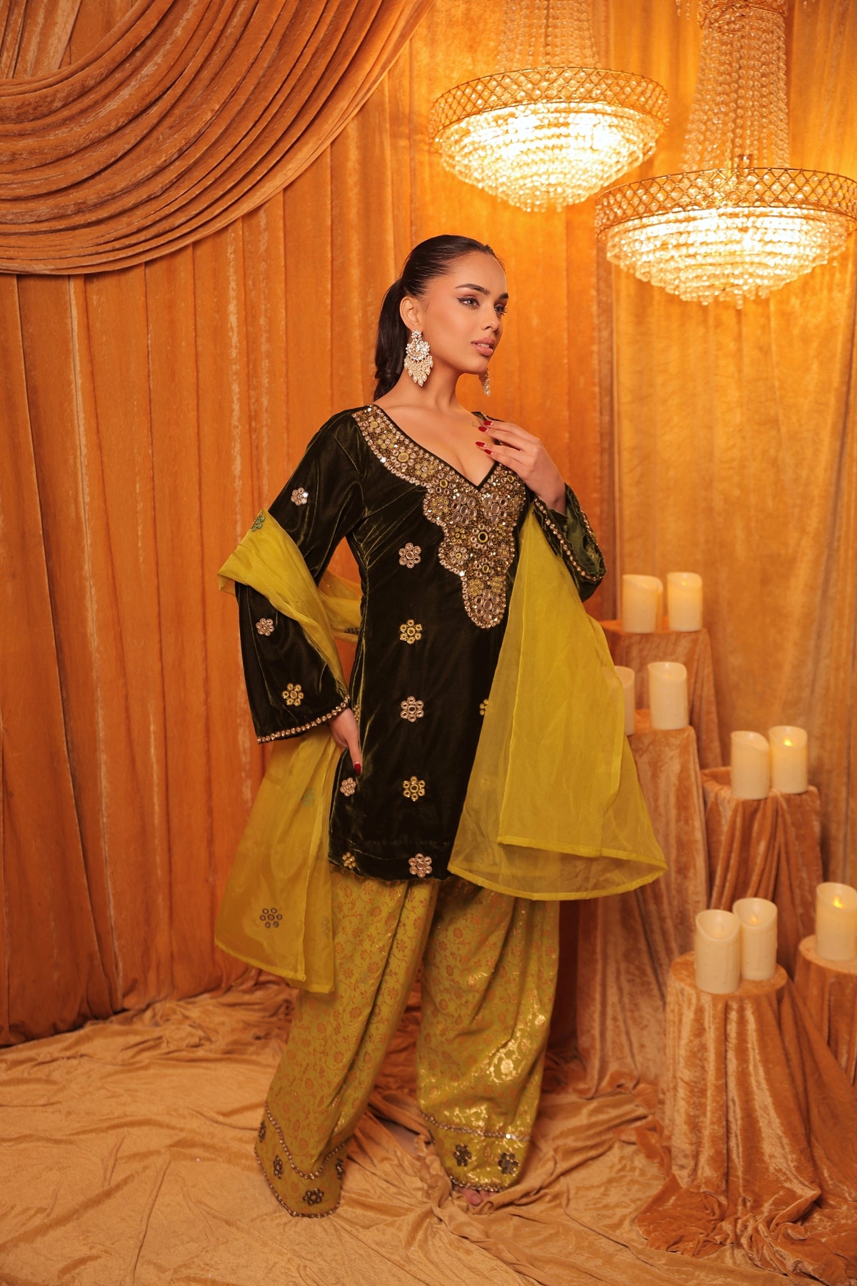 Green Velvet Farshi Salwar with Dupatta