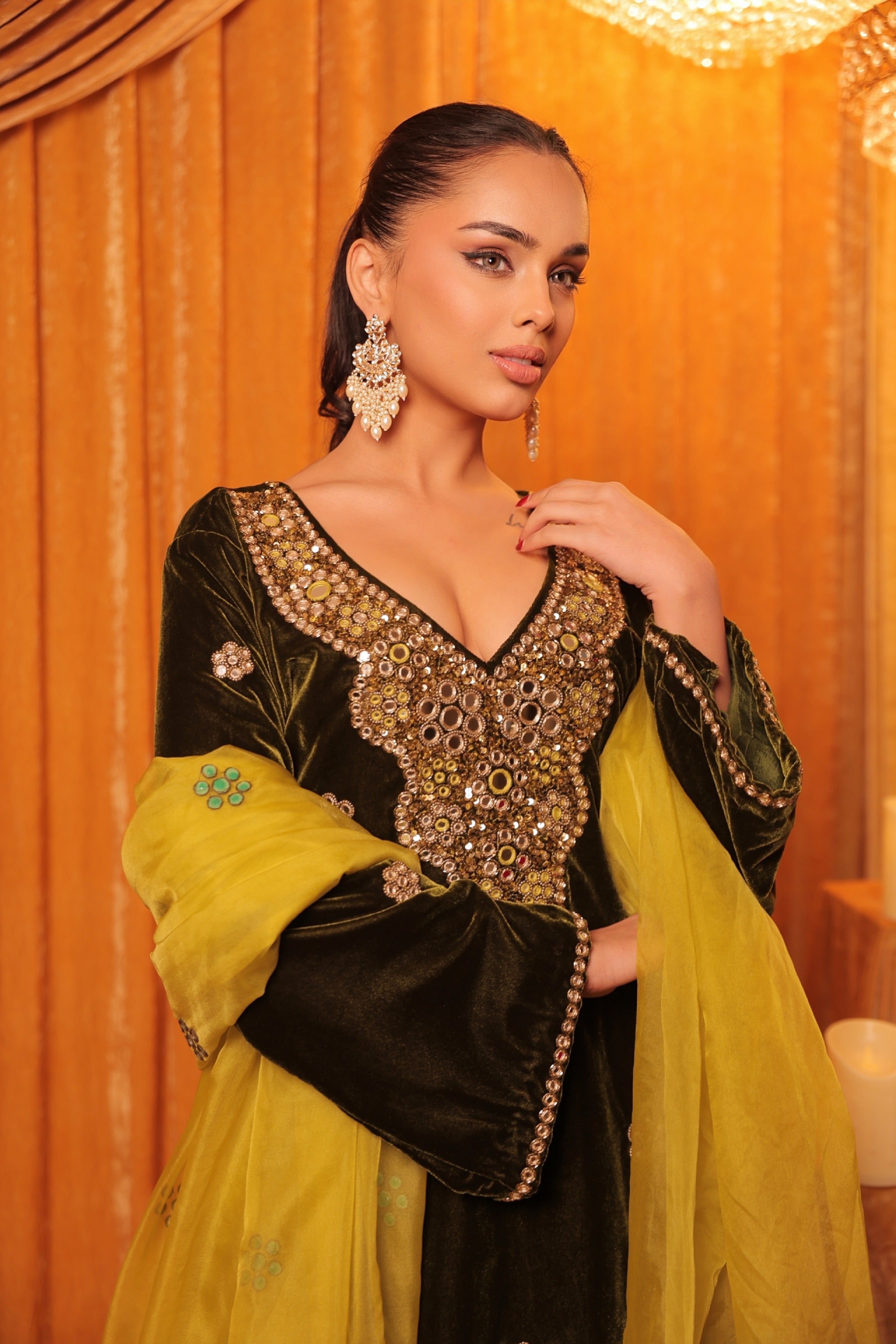 Emerald Green Mirror Work Kurta Set with Farshi Pants