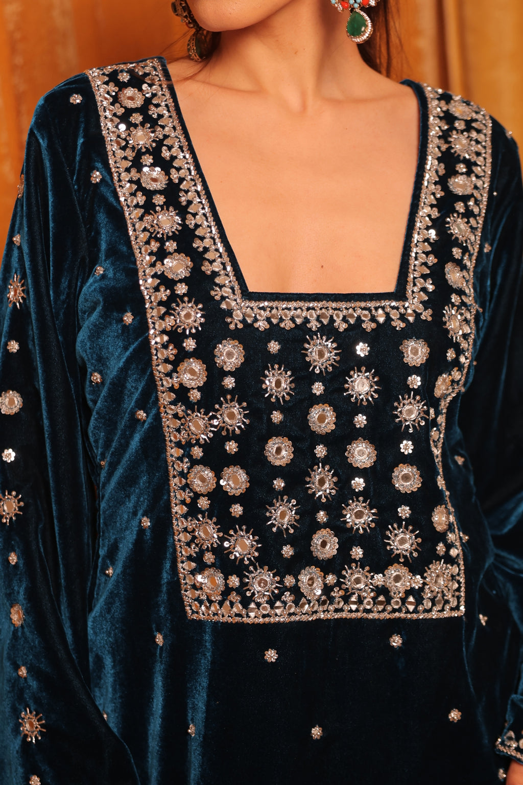 Deep Teal Velvet Embroidered Kurta Set