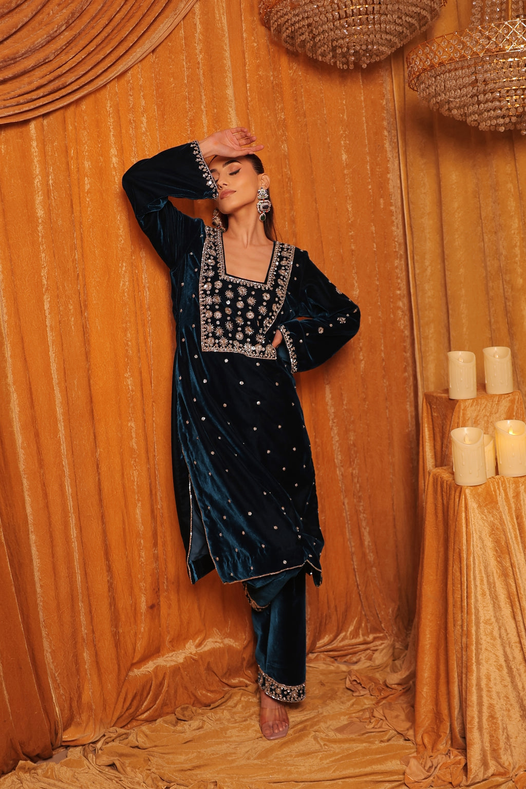 Deep Teal Velvet Embroidered Kurta Set