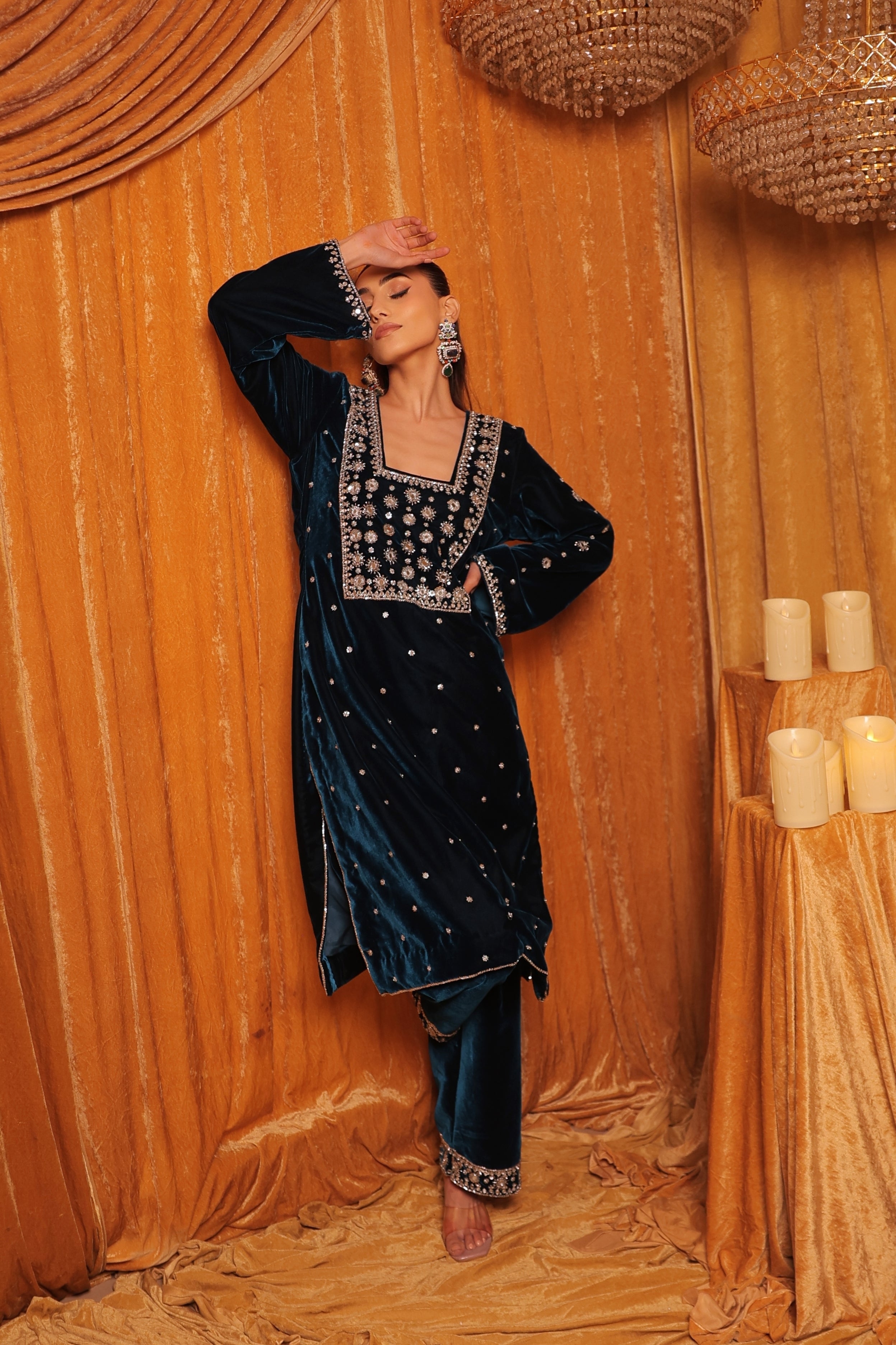Deep Teal Velvet Embroidered Kurta Set