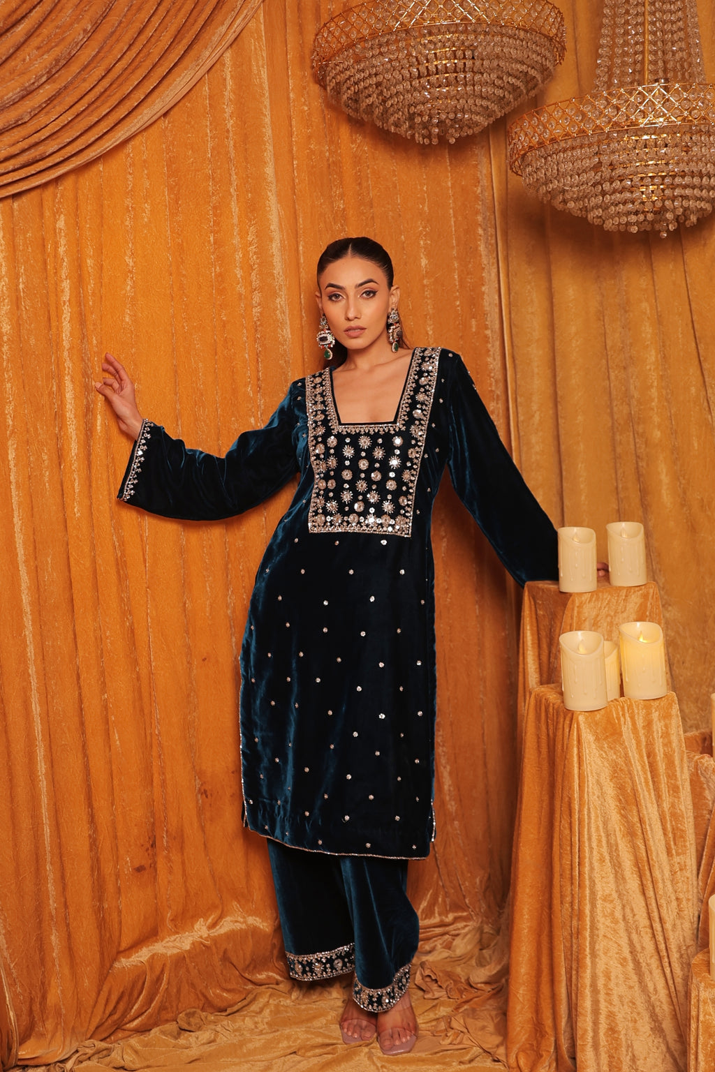 Deep Teal Velvet Embroidered Kurta Set