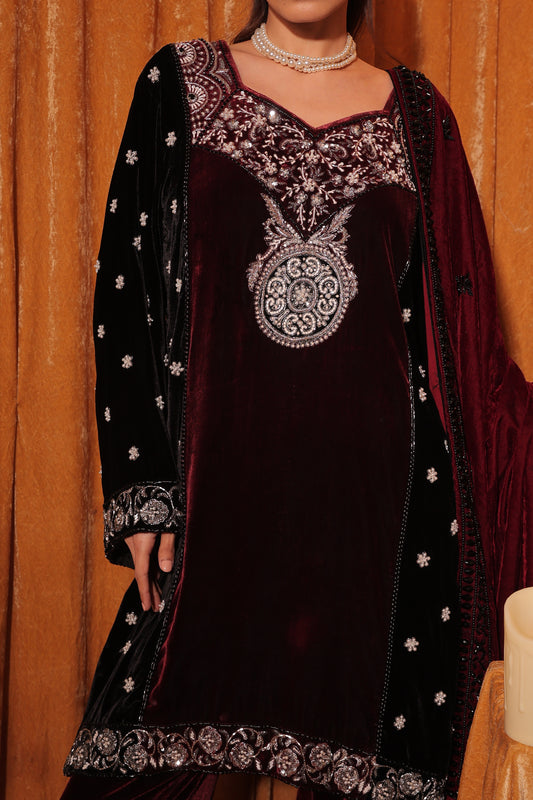 Hand embroidered velvet kurta set with dupatta