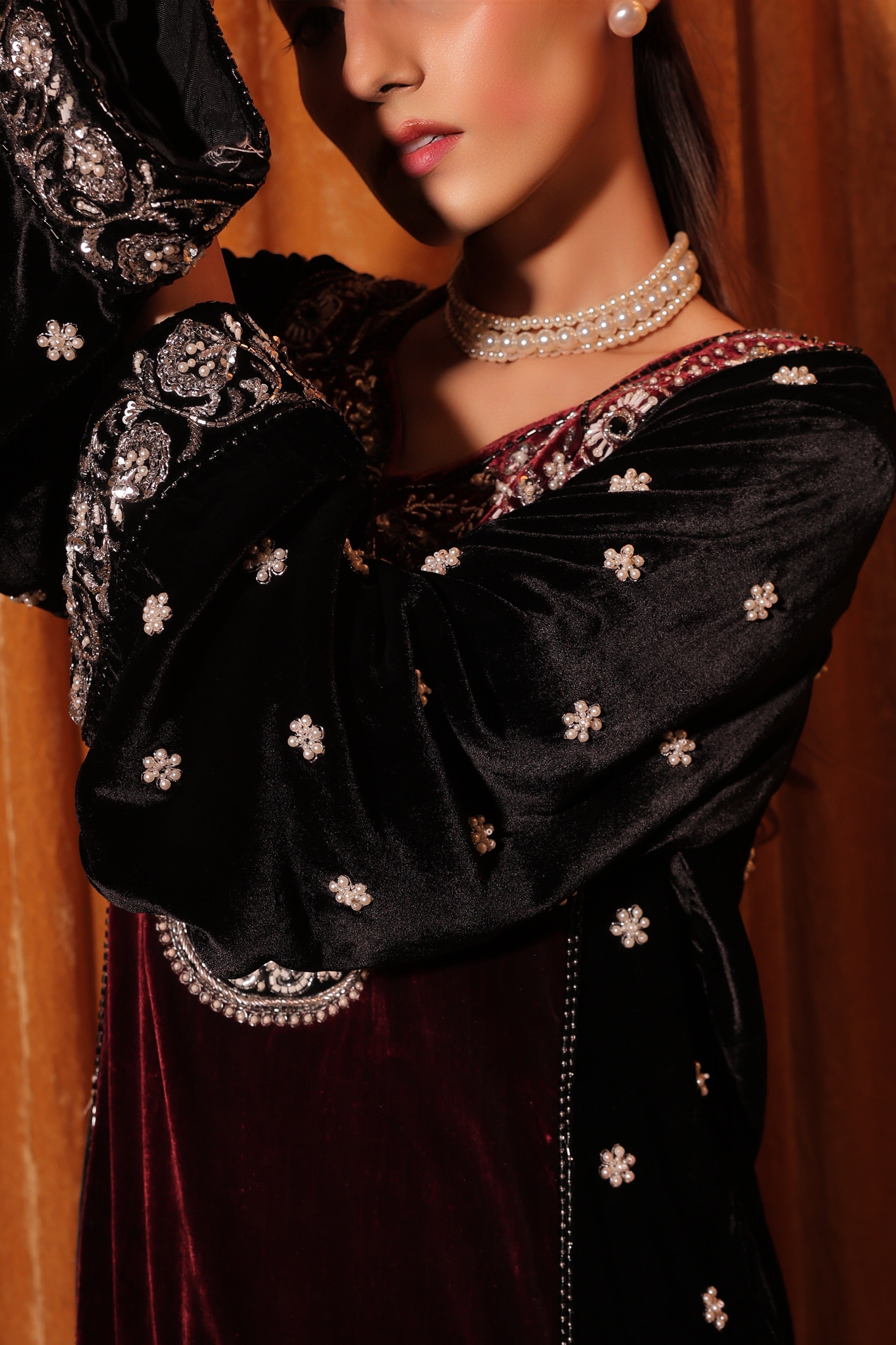 Hand embroidered velvet kurta set with dupatta